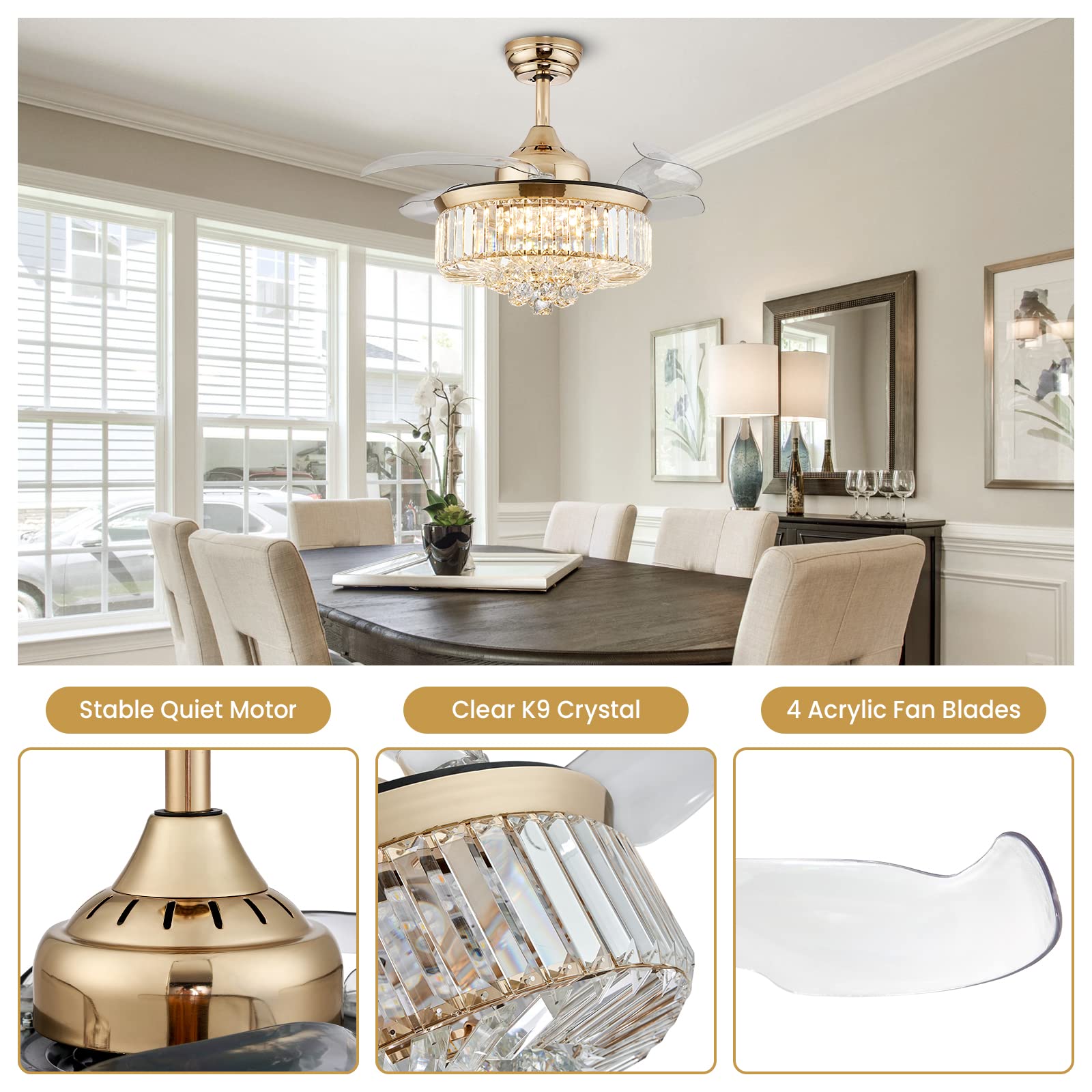 Modern Crystal Ceiling Fan with LED Light - 36
