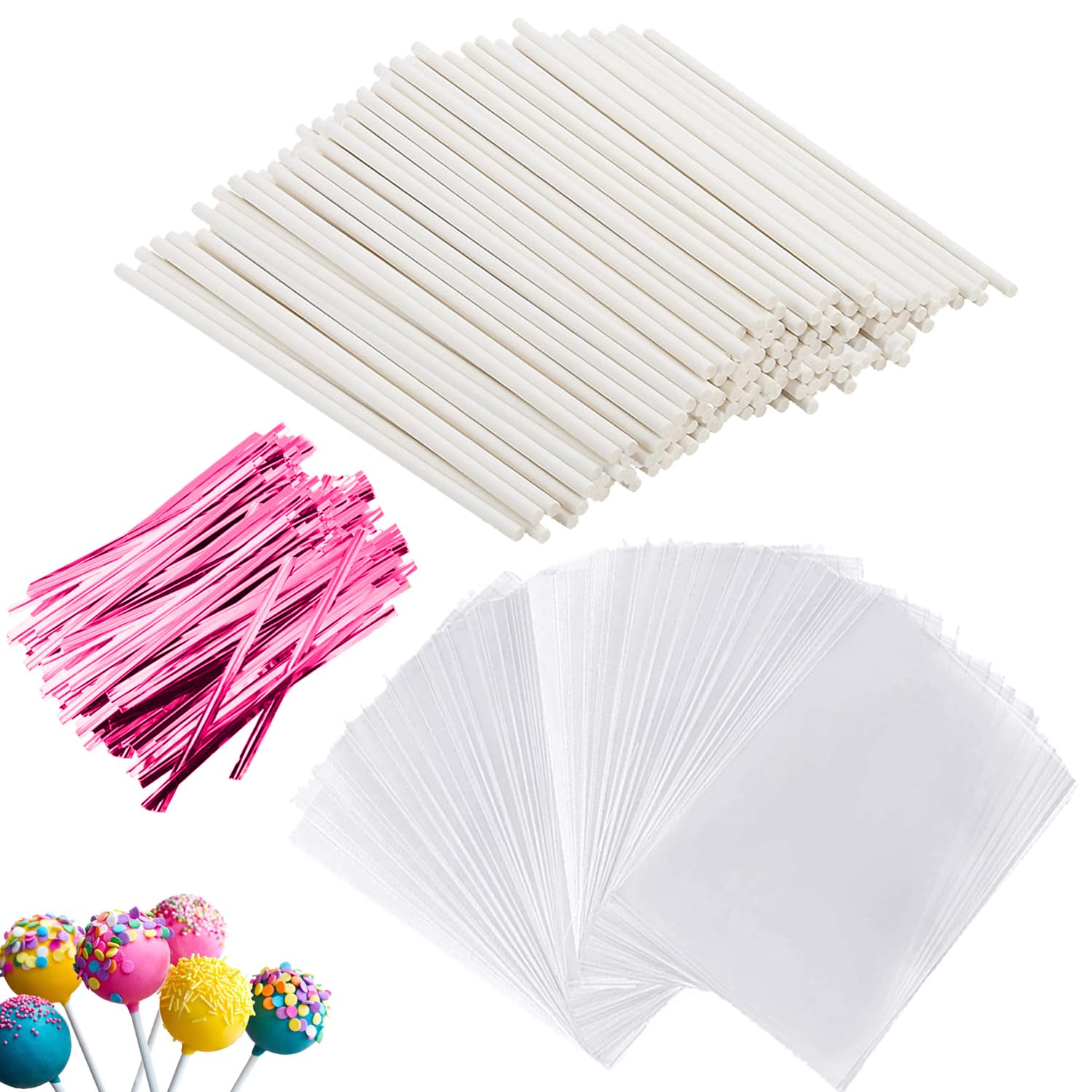 300pcs Cake Pops Kit with 100pcs 6 Inch Lollipop Sticks, 100pcs Cake Pops Bags & 100pcs Pink Metal Twist Ties - DIY Candy Making Supplies for Lollipops, Cake Pops, Chocolate - Perfect for Birthday Parties, Baby Showers & Holiday Treats