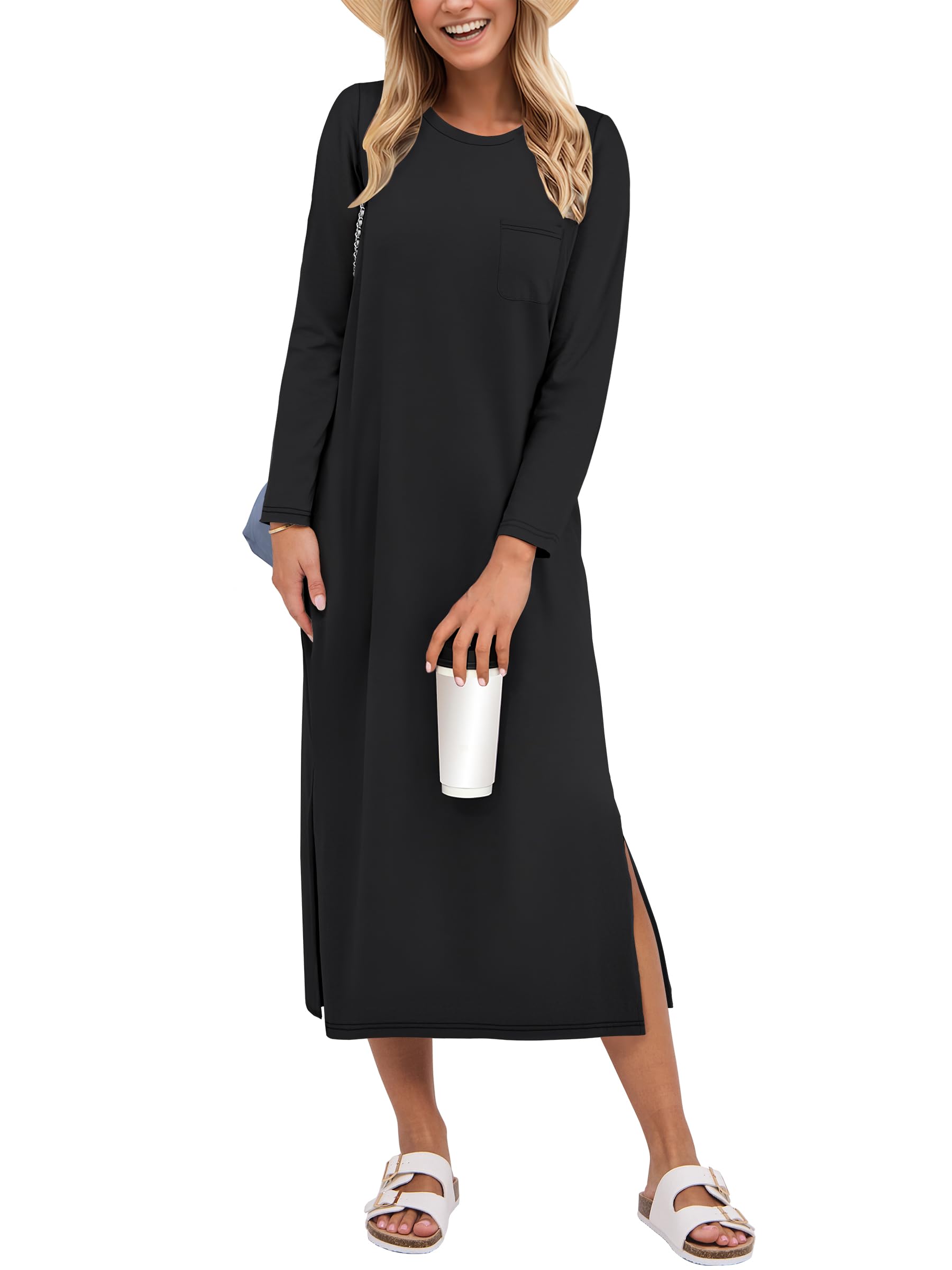 ANRABESS Women's 3/4 Sleeve Striped Crewneck Casual Midi Dress with Side Slit & Pockets | Spring Fall Fashion T-Shirt Dress for Work, Date Night & Weekend Outings
