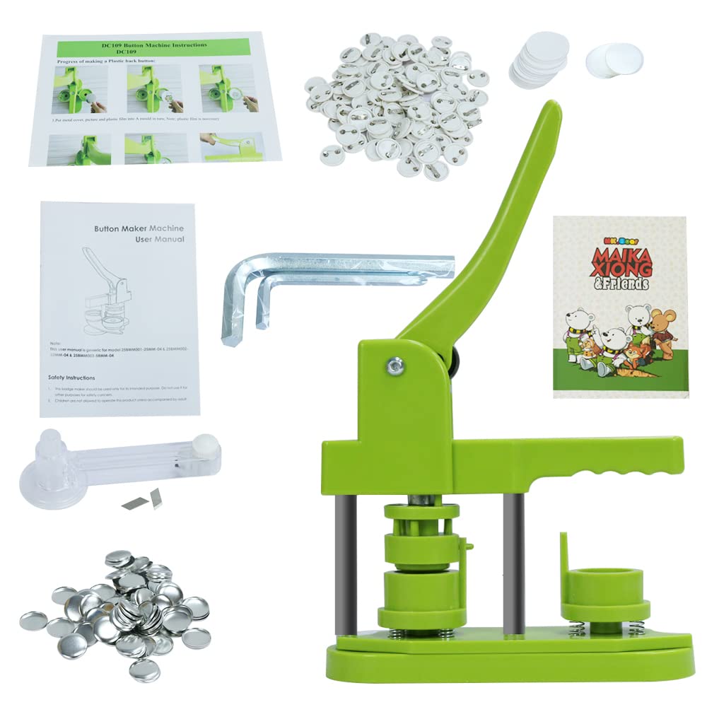 25mm DIY Push Pull Button Badge Maker Machine - 100 Free Button Parts, Circle Cutter & Magic Book Included | No Installation Needed for 25/32/58mm Buttons | Perfect for School Projects, Craft Fairs & Custom Merchandise (Green)