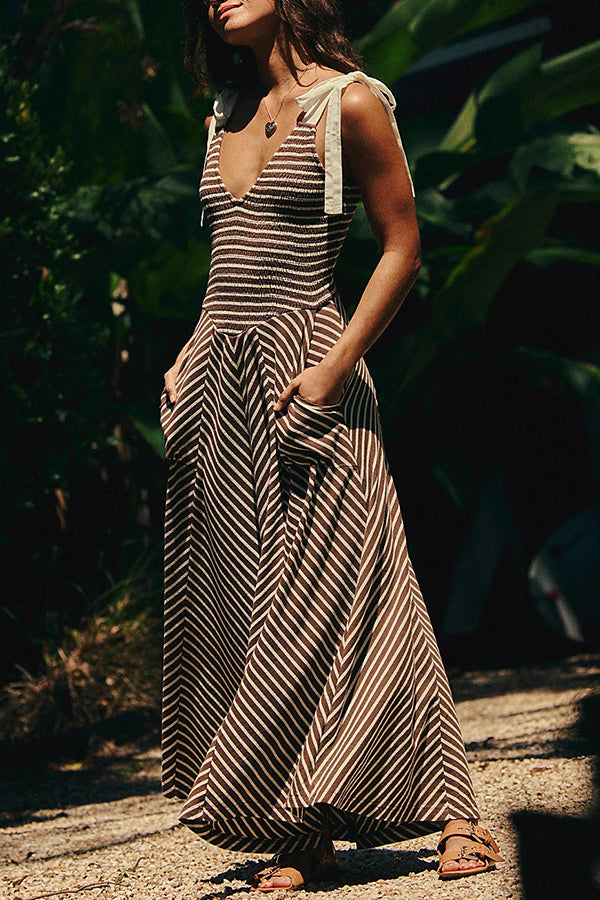 Elegant Striped Print V-Neck Lace-Up Backless Midi Dress for Women | Summer Beach Holiday Party & Date Night Outfit