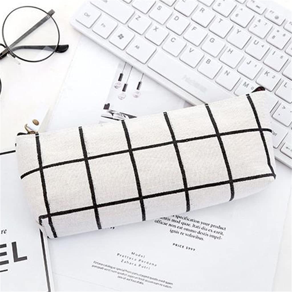 RENSLAT Canvas Geometric Pencil Case - Striped Grid Design School & Office Supplies for Students - Cute Solid Color Pouch for Pens, Pencils & Art Tools (One Size) - Perfect for Backpack Organization, Classroom & Home Study