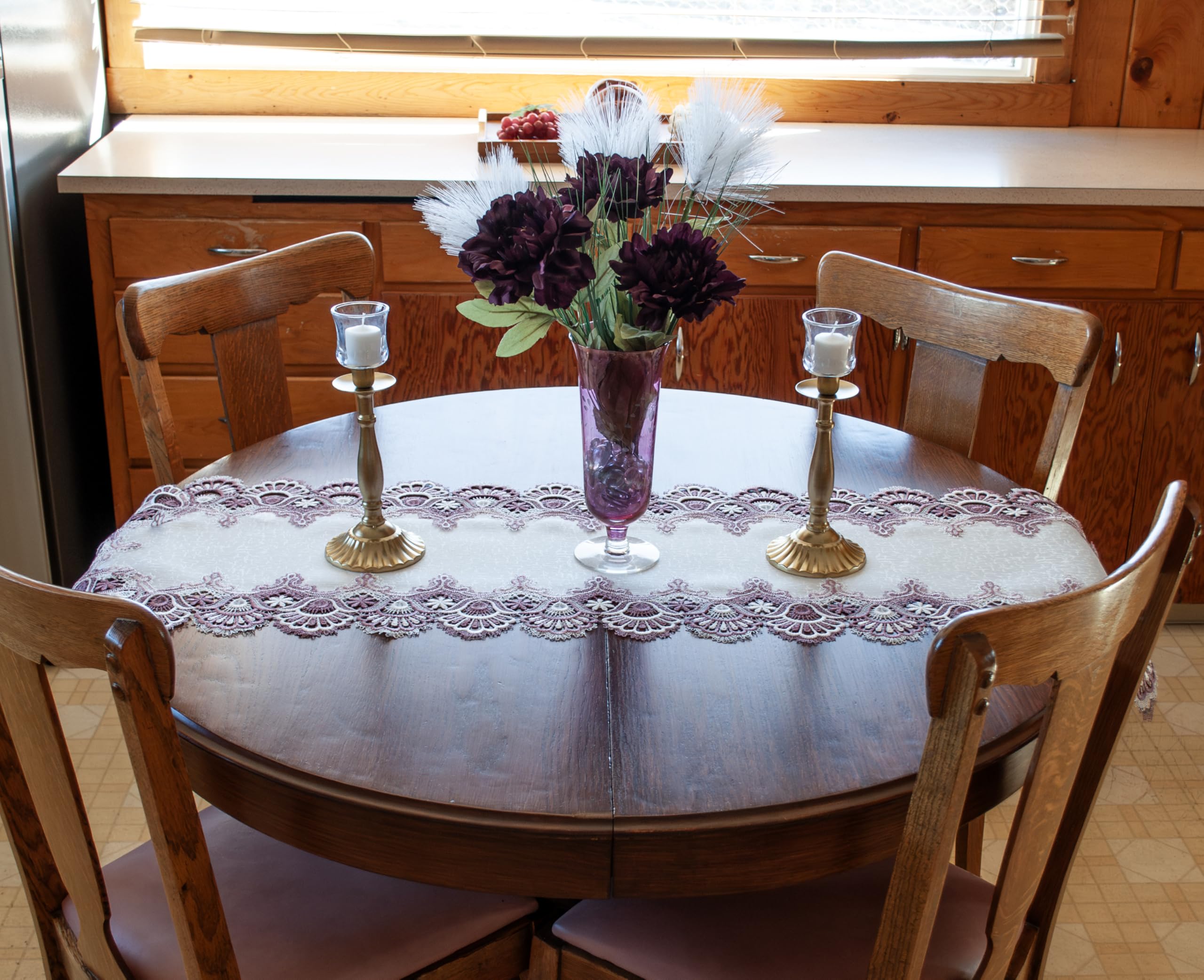 Elegant Mauve Rose Jacquard Peacock Tail Lace Table Runner - 16x44 Inch Dresser Scarf & Coffee Table Decor for Dining Room, Wedding, and Home Decoration