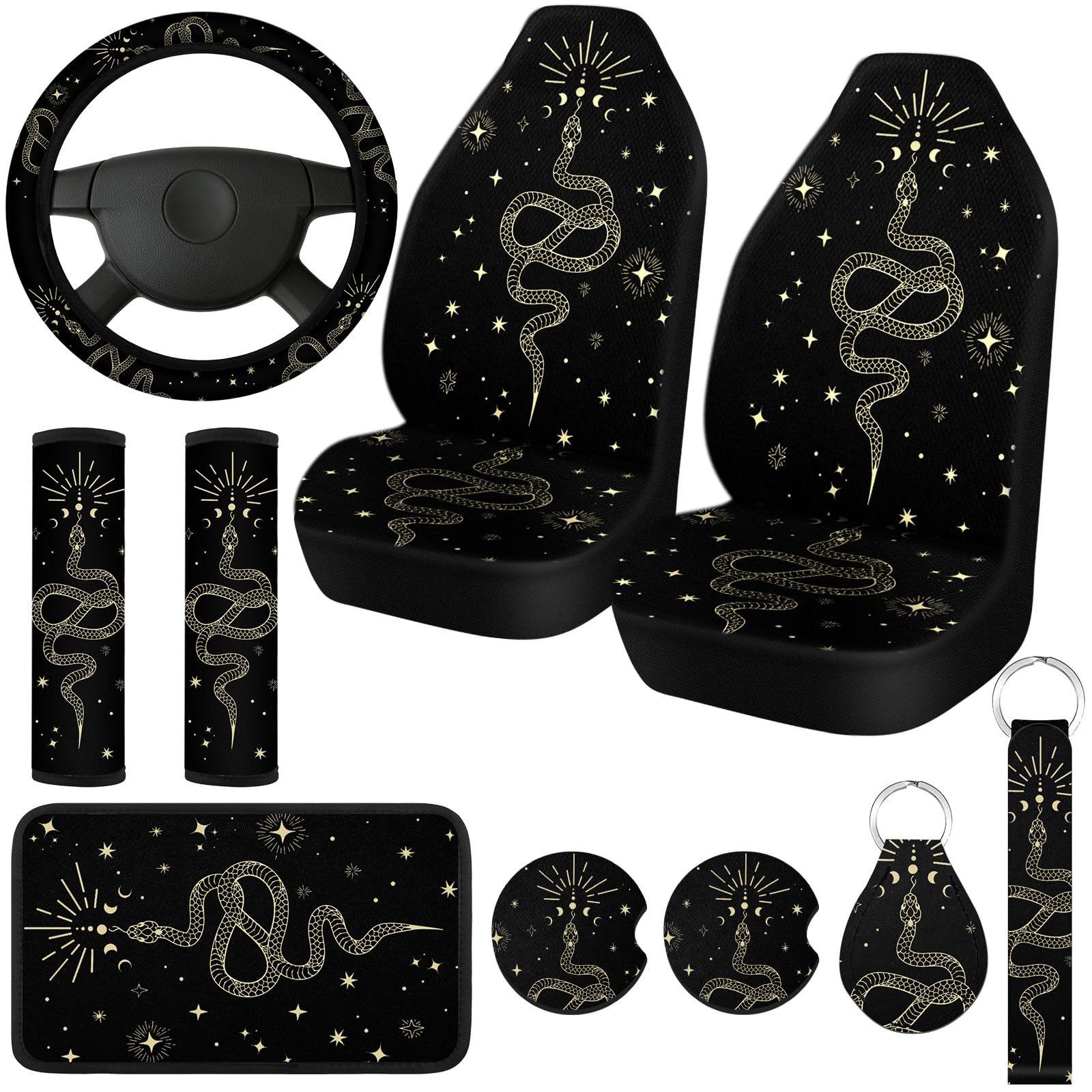10 Pcs Moon Star Car Seat Covers Full Set - Universal Fit for Cars & SUVs - Front Seat Covers, Steering Wheel Cover, Armrest Cover, Seat Belt Covers & Cup Holder - Snake Print Interior Accessories for Women - Perfect for Daily Commute, Road Trips & Car Decoration