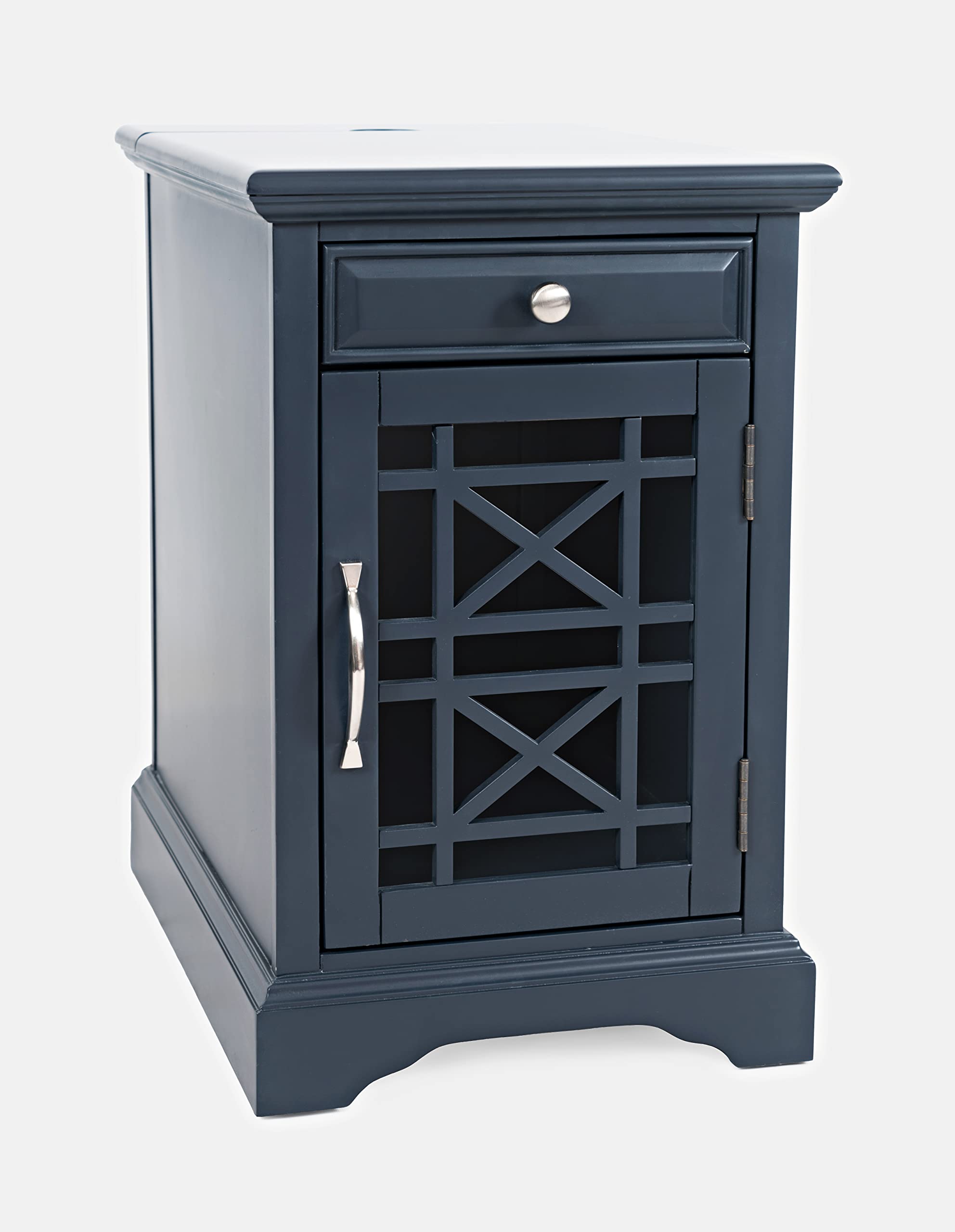 Farmhouse Style USB Charging Station End Table with Glass Door & Storage - Nightstand for Bedroom, Living Room, Office - Navy Wooden Side Table for Phone & Device Organization