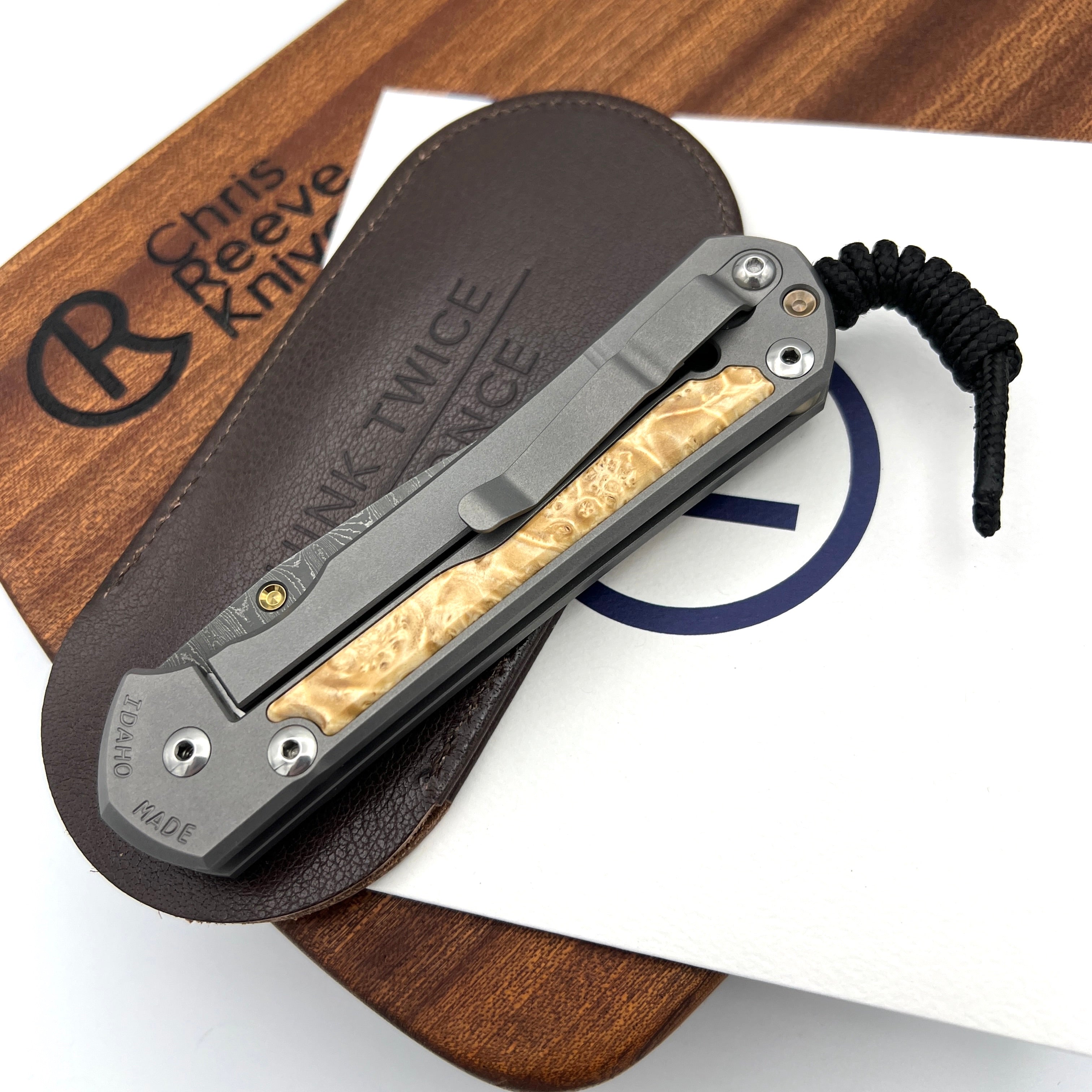 Chris Reeve Knives Large Sebenza 31 Folding Pocket Knife - Drop Point Blade, Box Elder Wood Inlay & Ladder Damascus Steel - EDC, Camping, Hunting & Outdoor Survival Tool