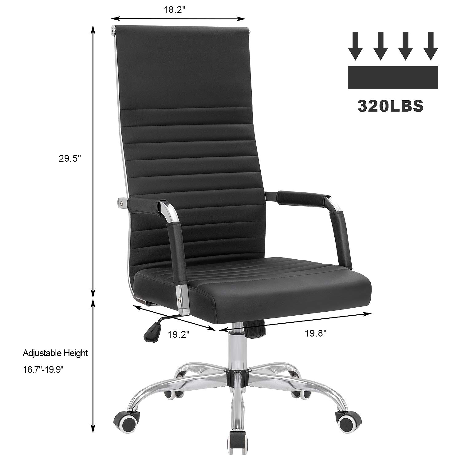 Ergonomic High Back Ribbed Office Chair - Adjustable PU Leather Desk Chair with Armrests, Swivel & Tilt Function for Home Office, Conference Room, Study or Leisure (Black) - Perfect for Long Work Sessions, Gaming & Remote Work