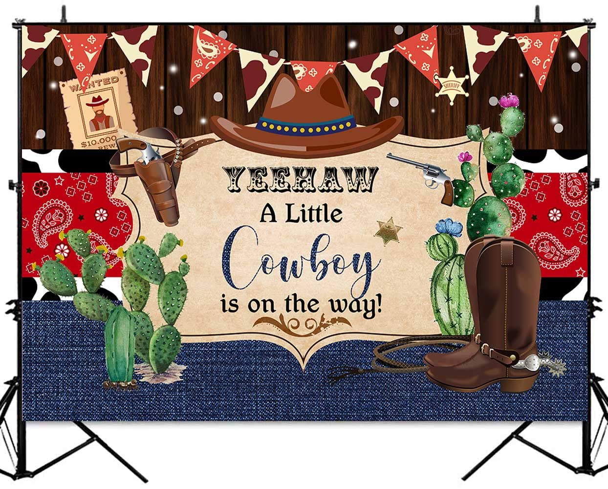 8x6ft Cowboy Baby Shower Backdrop - Rustic Western Bandana Wooden Banner for Wild West Themed Party Decor | Photography Background for Yeehaw Baby Shower | Perfect for Western Nursery Decor & Newborn Photo Shoots