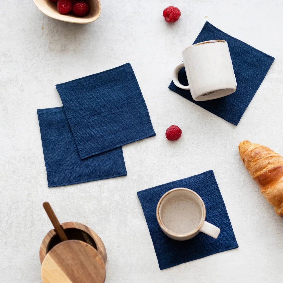 Premium Linen Coasters Set of 4 - Midnight Blue Absorbent Drink Coasters for Coffee, Wine & Dining Table Protection - Elegant Home & Kitchen Decor