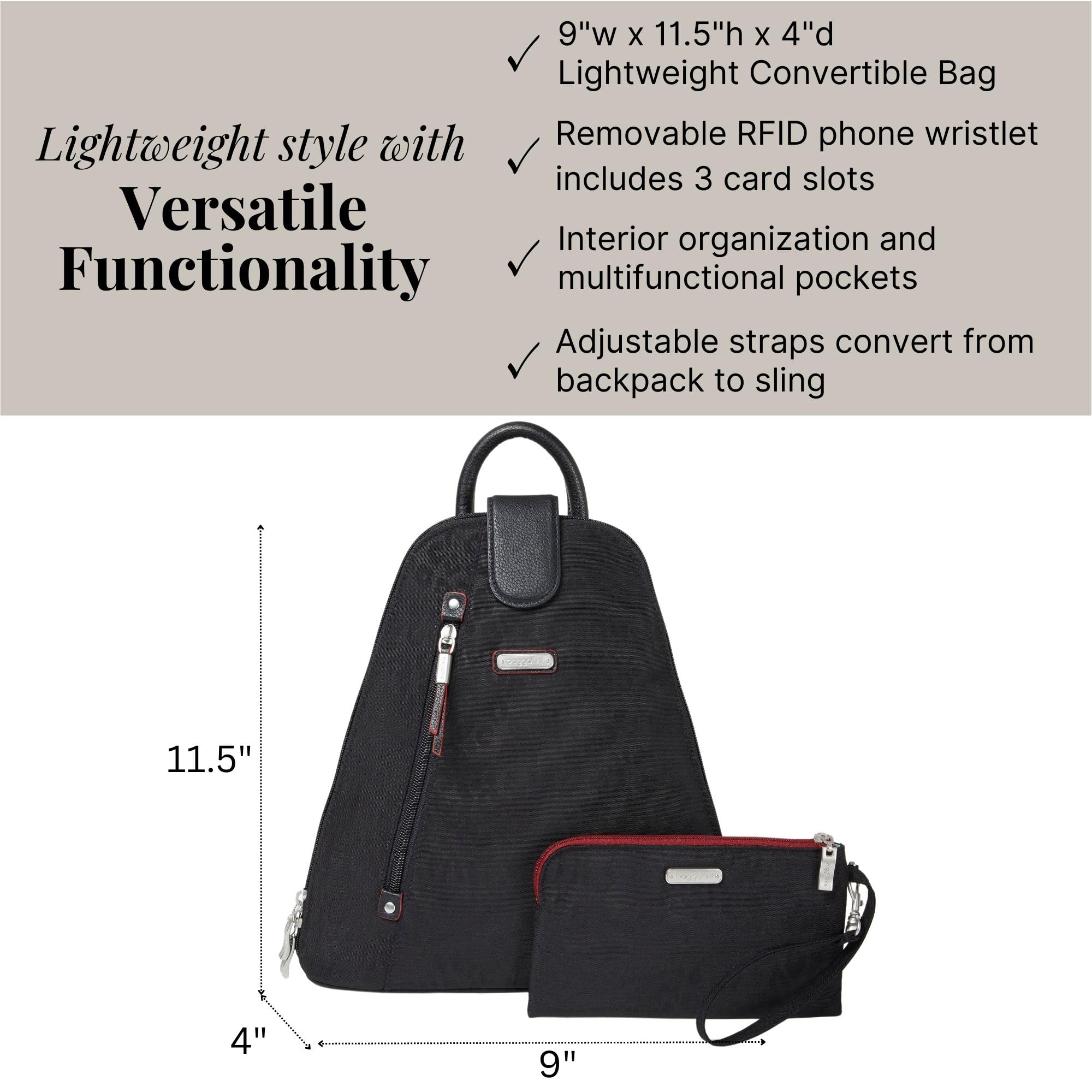 Baggallini Metro RFID Anti-Theft Backpack for Women - 9x11 Convertible Sling Bag with Adjustable Shoulder Straps & Phone Wristlet | Perfect for Travel, Commuting & Everyday Use