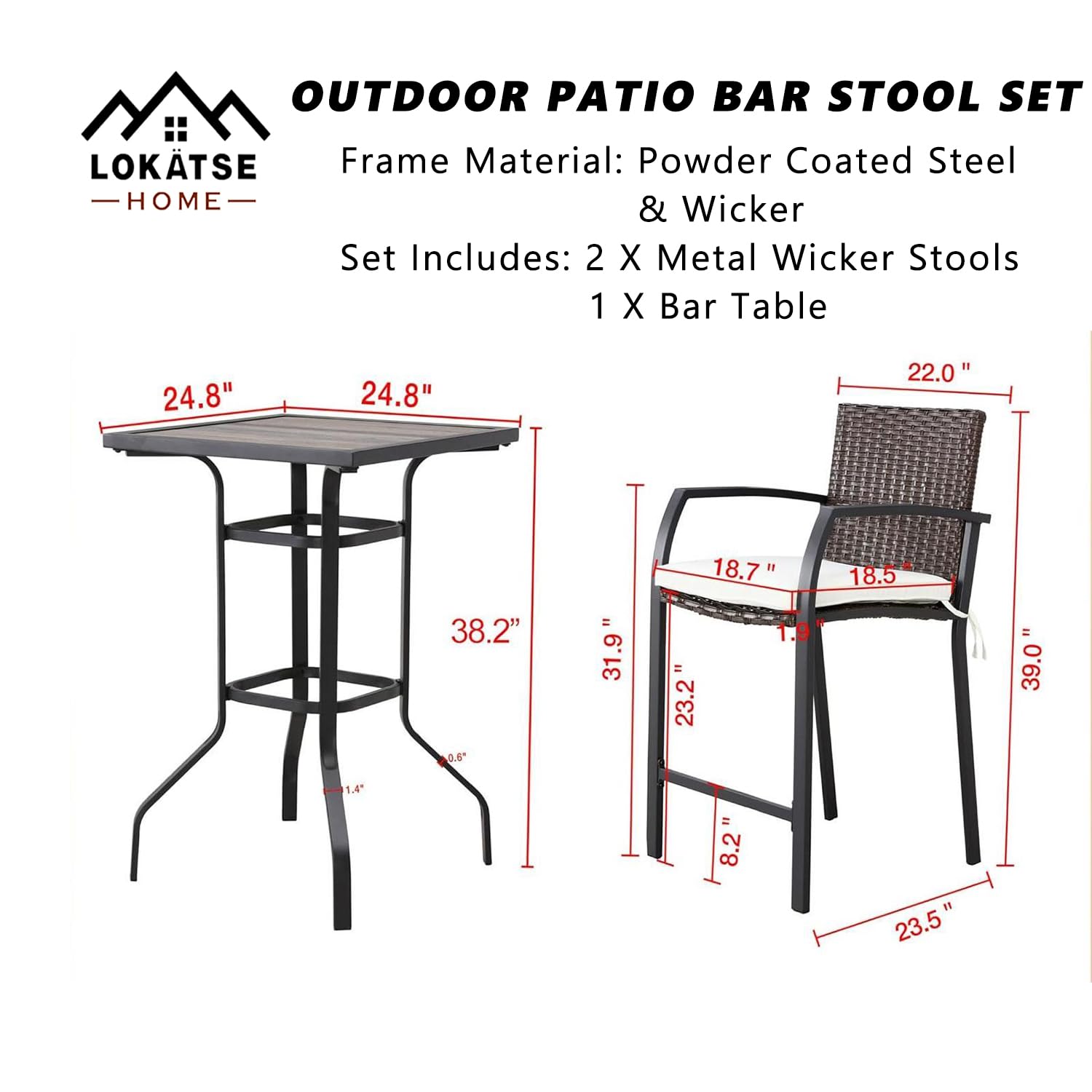 LOKATSE HOME 3-Piece Outdoor Patio Bar Set - Wicker Bar Stools with High Top Square Table - Weather-Resistant White Conversation Furniture for Backyard, Poolside & Garden Dining