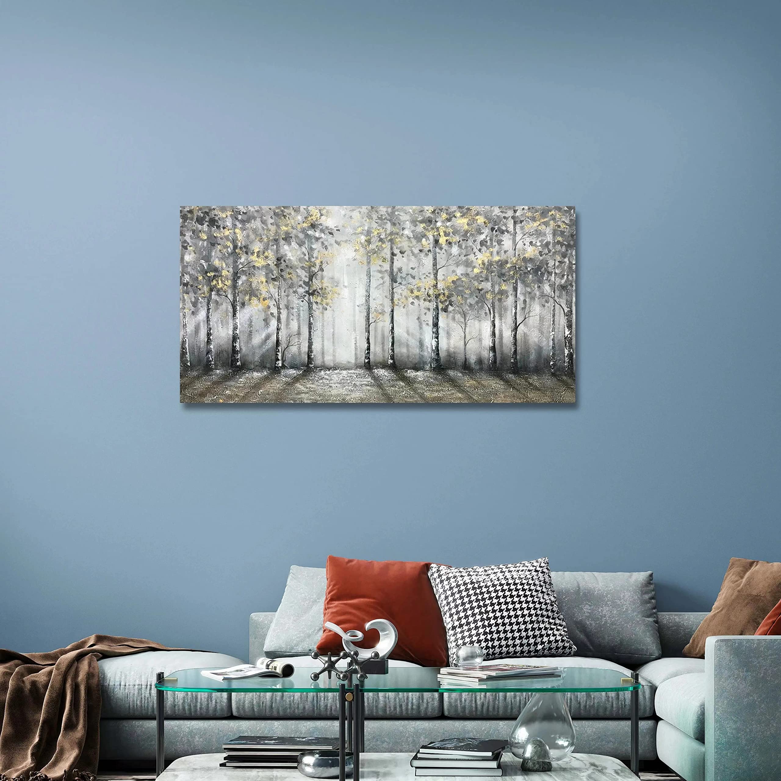 V-inspire Art - 24x48 Inch Hand-Painted Modern Impressionist Tree Oil Painting on Canvas | Large Gray Wall Decor for Living Room, Bedroom & Office | Acrylic Knife Painting Technique