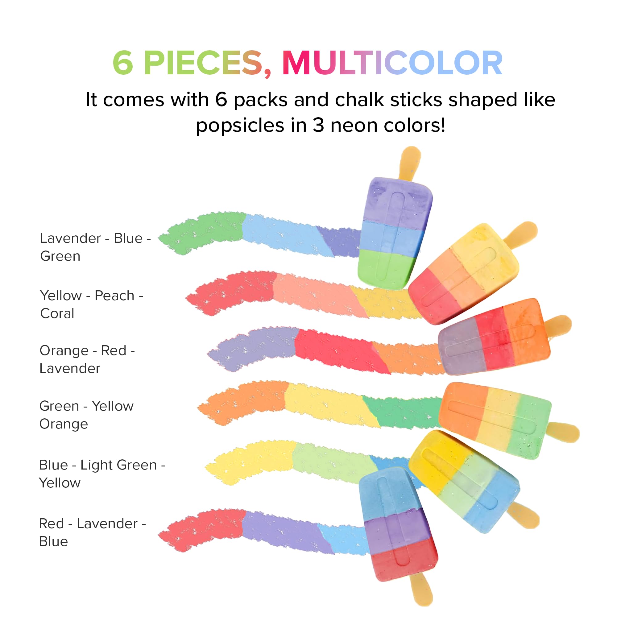 Kid Made Modern Popsicle Glitter Chalk Set - Non-Toxic Washable Sidewalk Chalk for Kids - 6 Pack Vibrant Colors for Outdoor Games, Art & Summer Activities