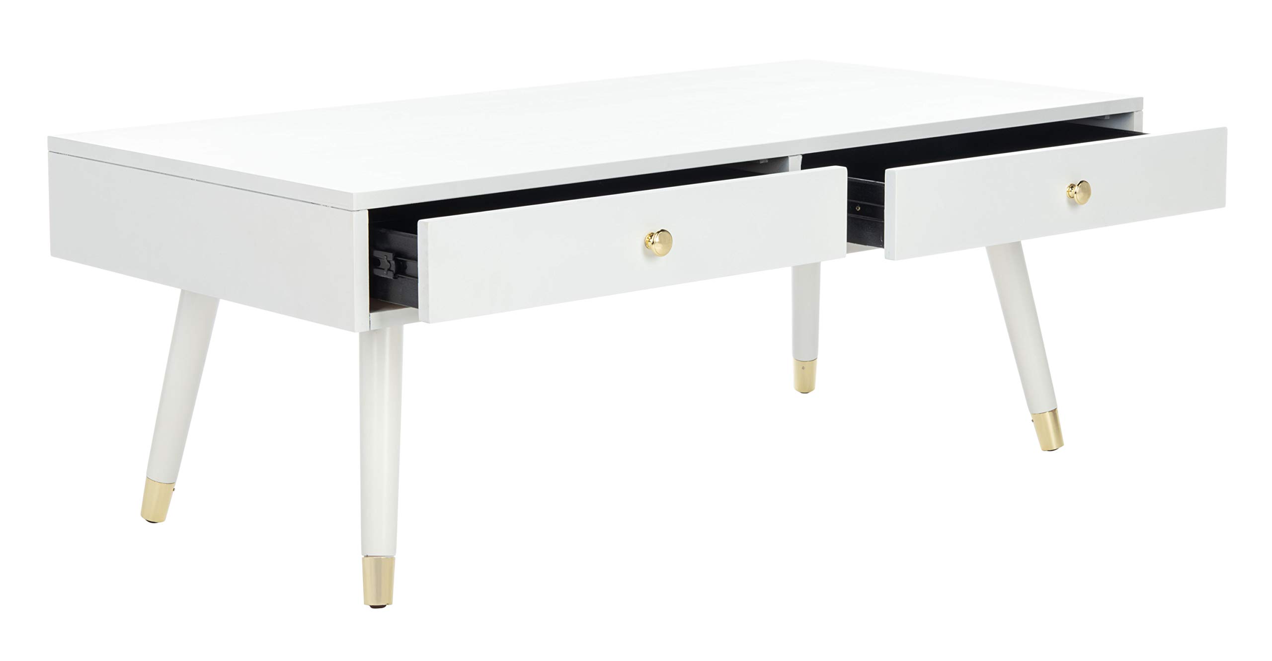 Safavieh Home Levinson Mid-Century Modern White and Gold 2-Drawer Coffee Table - Stylish Living Room Furniture for Small Spaces & Modern Home Decor