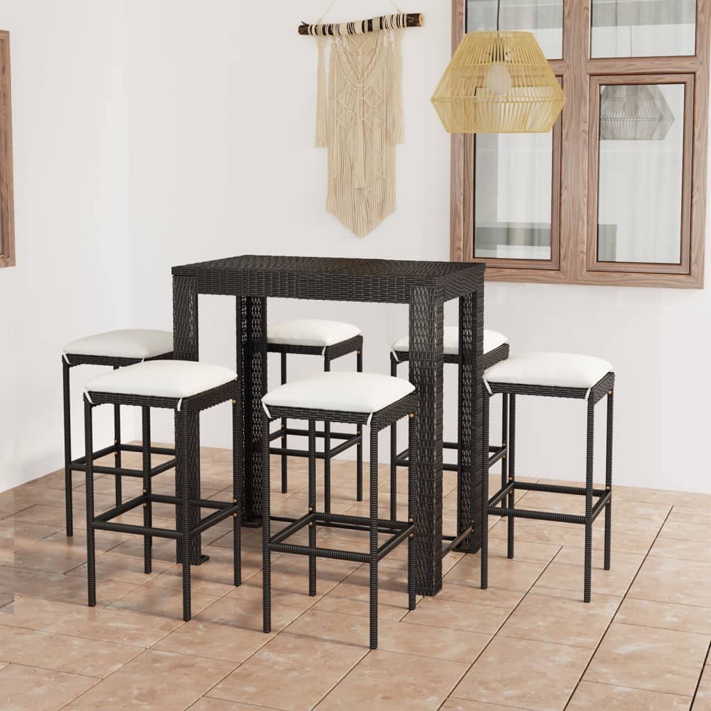 Premium 7-Piece Black Patio Bar Set with Waterproof Cushions - Durable Poly Rattan Outdoor Dining Set - Square Bar Table & 6 Stools for Garden, Poolside, and Backyard Entertaining