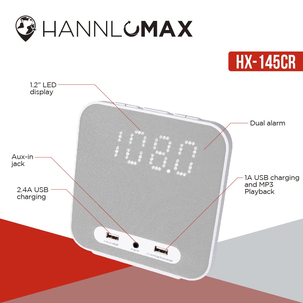 HANNLOMAX HX-145CR Digital Alarm Clock Radio with Dual Alarm, FM Radio, USB Charging Ports (2.4A & 1A), Aux Input - Perfect for Bedroom, Office, and Travel (Grey)