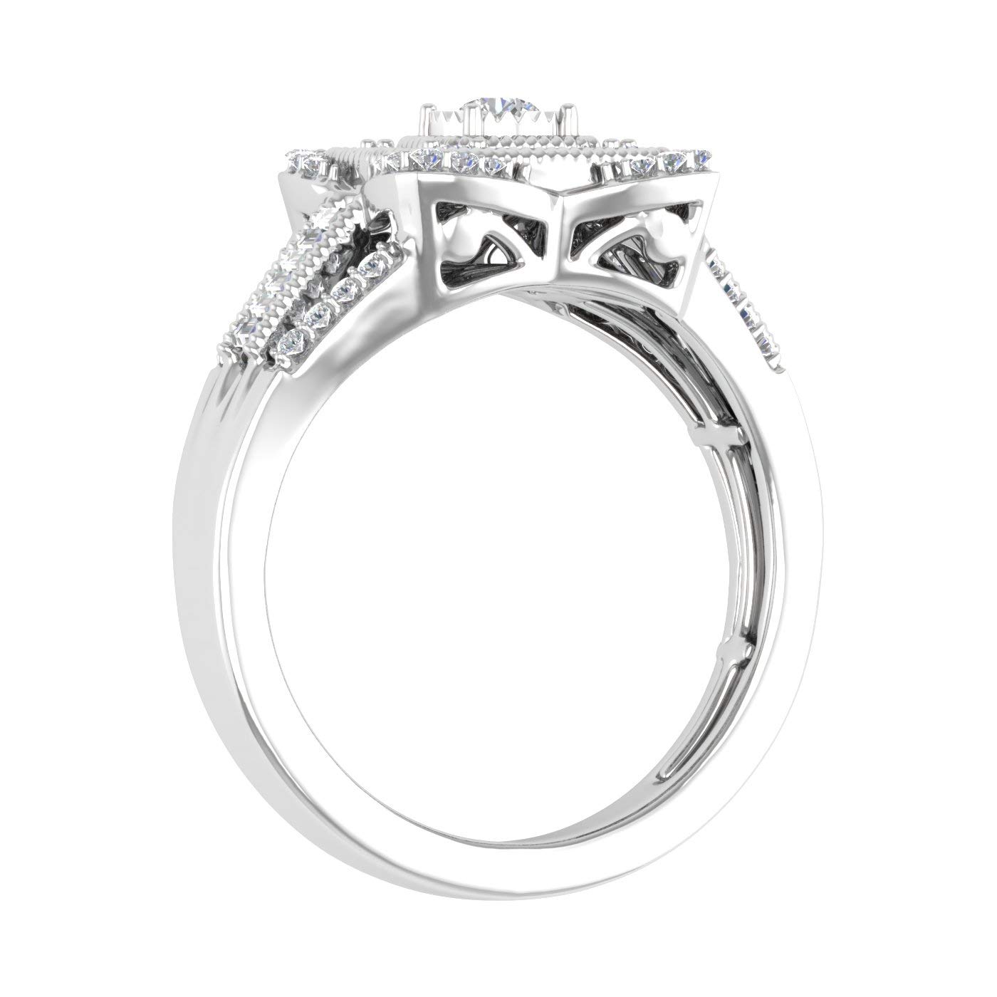 1/2 Carat Round & Baguette Diamond Halo Engagement Ring in 10K Gold - Elegant Cushion Shape for Wedding, Anniversary & Special Occasions