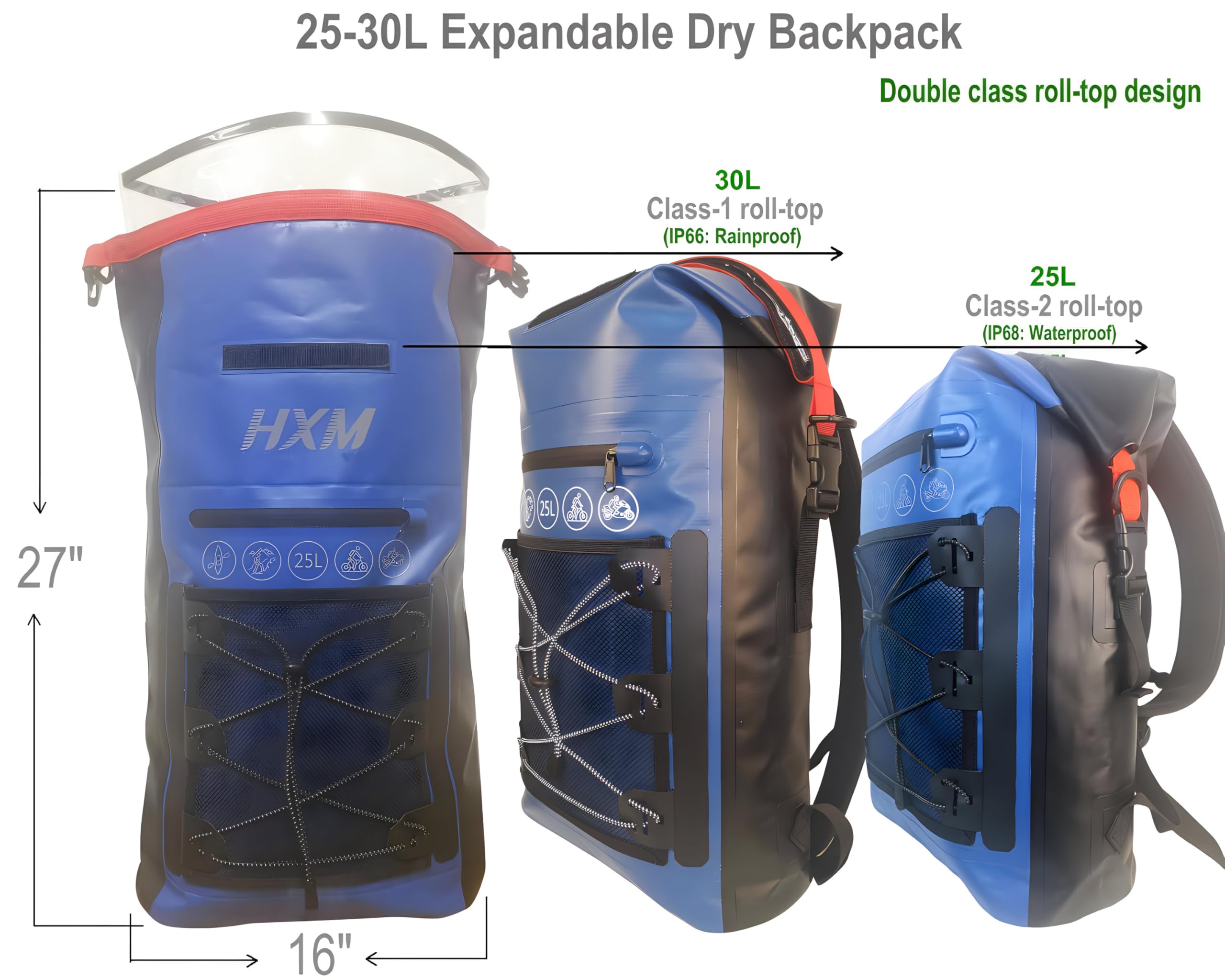 Waterproof Ski Backpack - Expandable 25L-30L Ergonomic Dry Bag for Hiking, Camping, Water Sports & Snowboarding | Durable Travel Daypack for Outdoor Adventures (Blue & Black)