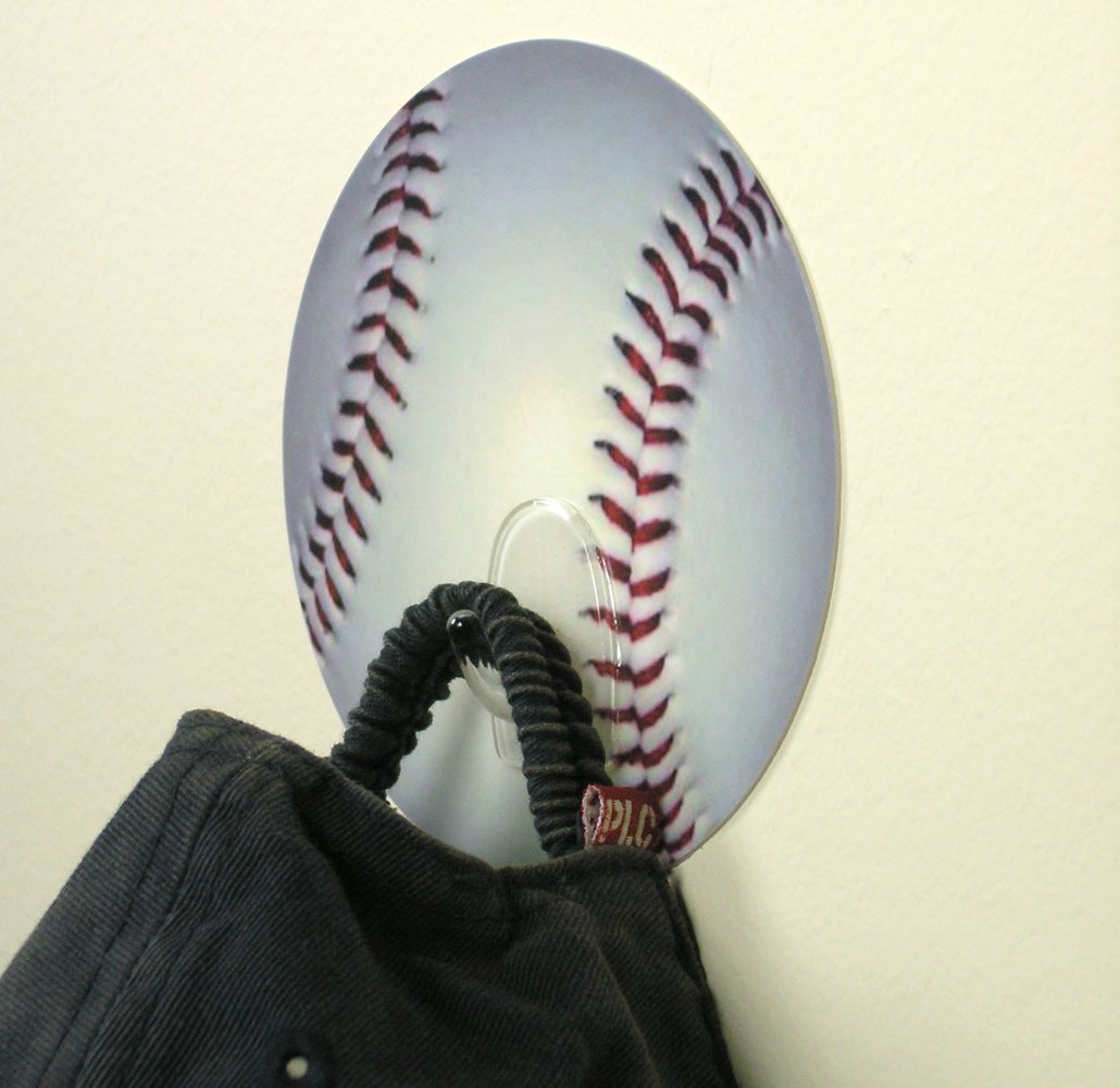 BANBERRY DESIGNS Baseball Self-Adhesive Hooks - 2 Pack Wall Mount Utility Hooks for Boys Room, Bathroom, Locker & School Organization - Strong Adhesive Wall Hangers for Hats, Towels, Backpacks & Decor