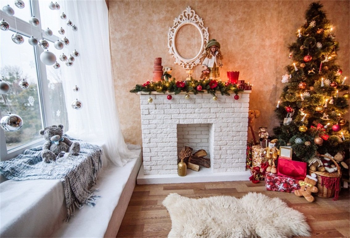 CSFOTO 7x5ft Christmas Photography Backdrop - Festive Fireplace Scene with Toy Bear Decorations, Holiday Ball Ornaments & Santa Claus Design for Winter Photo Studio, Family Portraits, and Christmas Party Decor | Durable Polyester Wallpaper