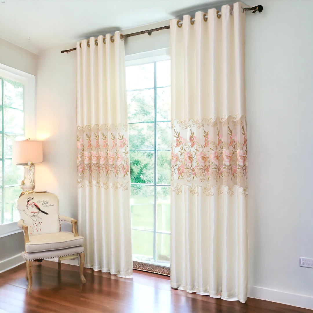 Camille Offwhite Chenille Embroidery Patchwork Blackout Curtains for Bedroom & Living Room - Thermal Insulated Window Drapes with Noise Reduction