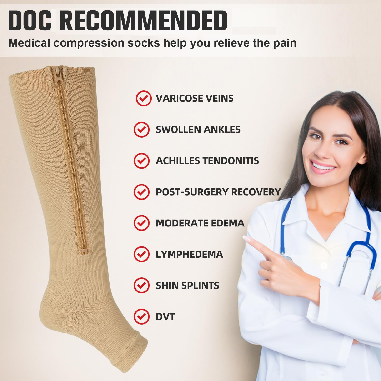 Ktinnead 2 Pairs Zipper Compression Socks for Women & Men - Medical Grade Support for Running, Travel & Varicose Veins Relief