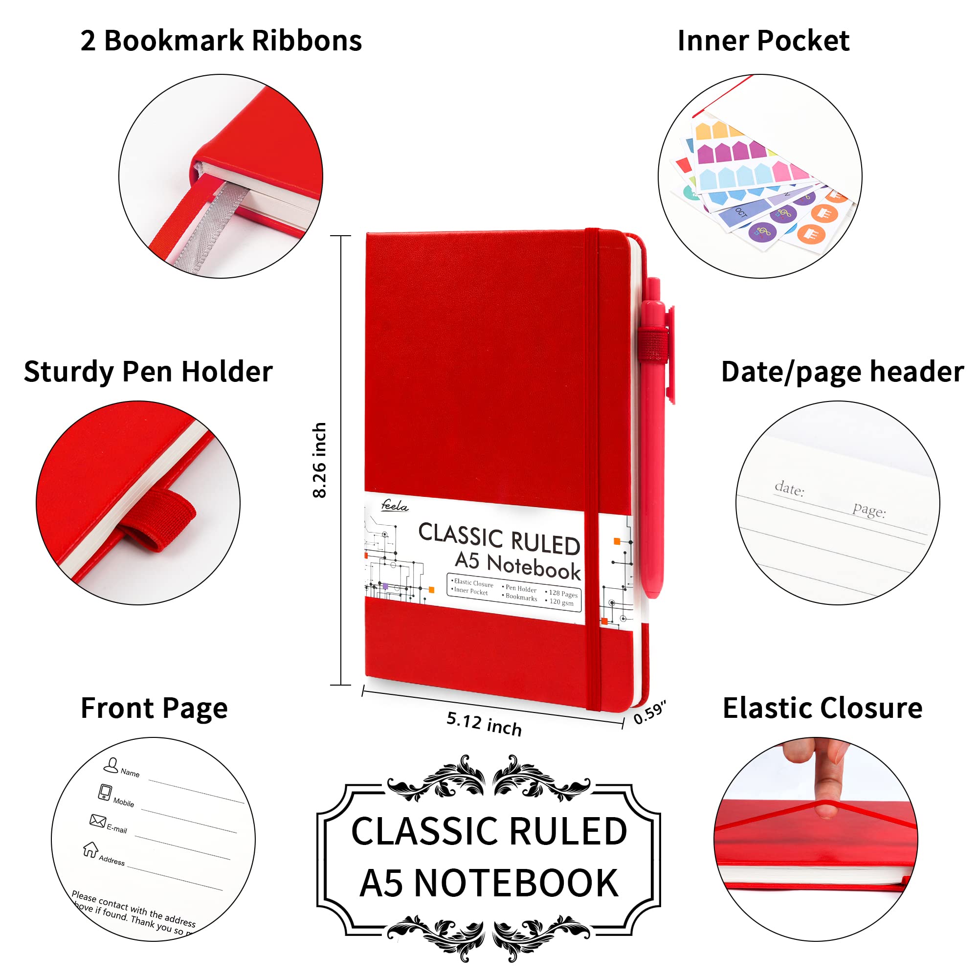 5-Pack Hardcover Ruled Lined Notebooks for School & Office - A5 Size (5.1
