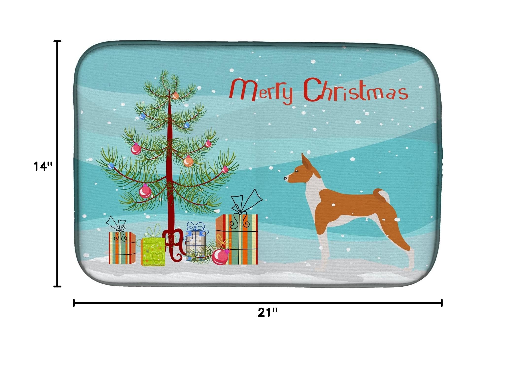 Basenji Christmas Tree Dish Drying Mat - Absorbent Kitchen Counter Mat for Holiday Decor, 14x21