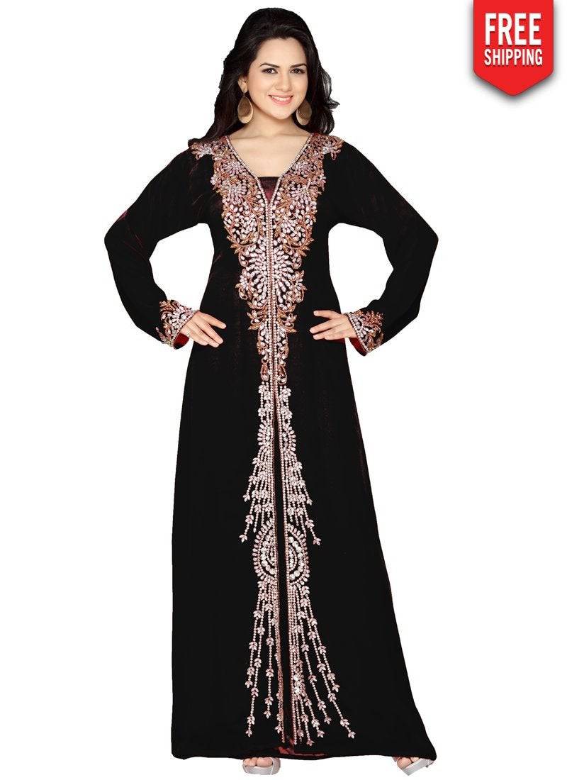 Elegant A-Line Party Wear Kaftan with Front Slits & Intricate Panel Work - Perfect for Evening Events, Weddings & Special Occasions