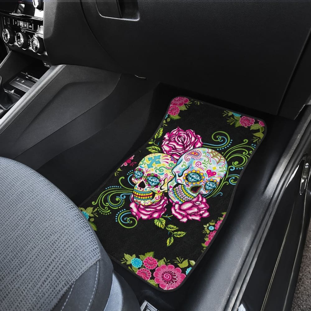 4 Pcs Sugar Skull Car Mats - Day of The Dead Floor Mats for Cars, Trucks & SUVs - Durable Non-Slip Automotive Accessories - Perfect for Halloween, Dia de Los Muertos & Mexican Culture Celebrations
