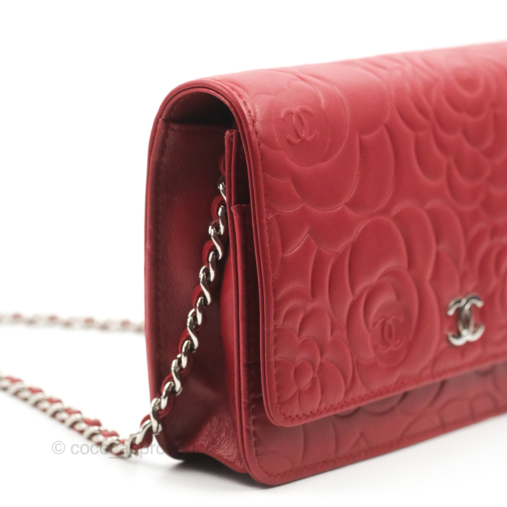 Chanel Camellia Embossed Wallet on Chain WOC in Red Lambskin with Silver Hardware - Luxury Crossbody Bag for Women, Perfect for Evening Events & Date Nights