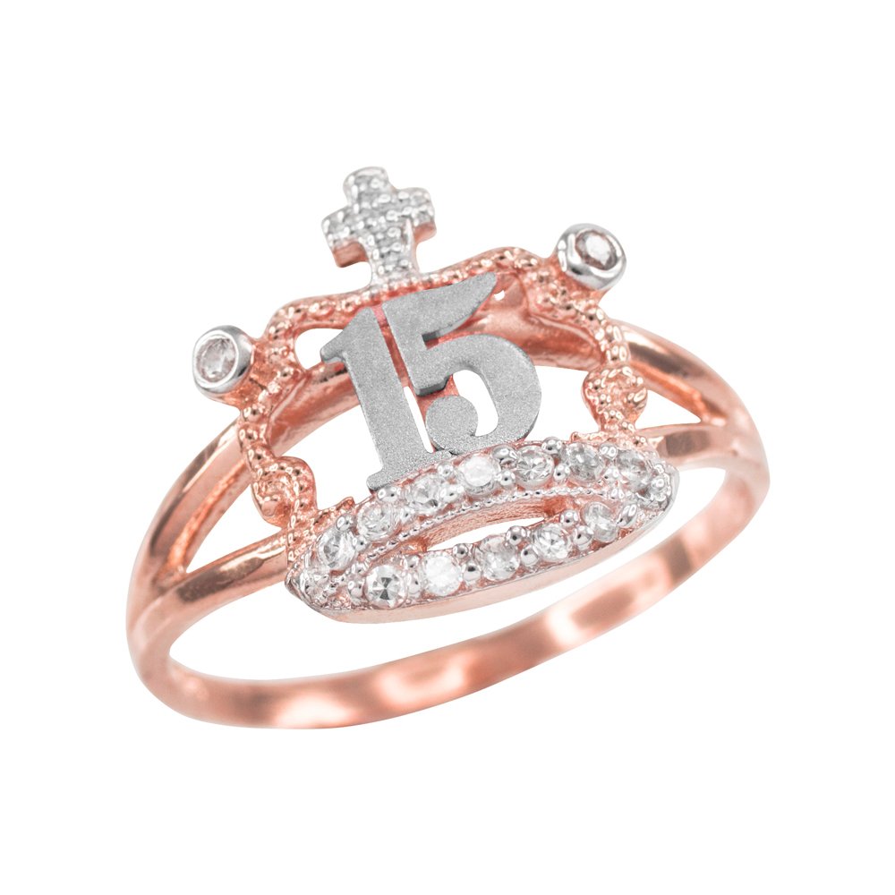 10K Two-Tone Rose Gold CZ-Studded Crown Quinceañera Ring for Sweet 15 Birthday - Elegant Jewelry Gift for Teen Girls, Women, Quince Celebrations & Special Occasions