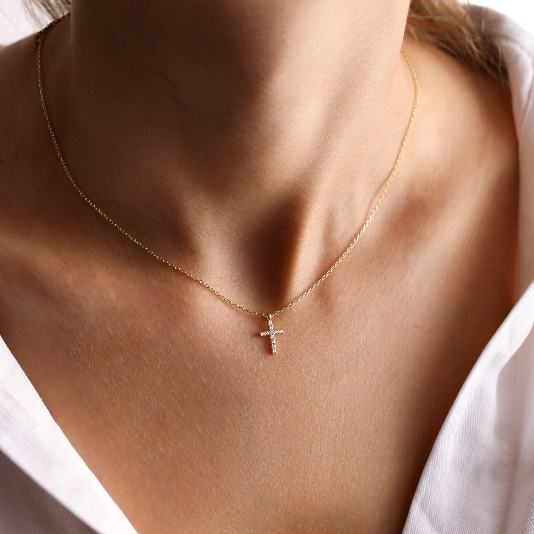 DEARMAY Dainty Cross Necklace for Women - 14K Gold Filled & Sterling Silver Small Layered Cross Pendant Necklace, Thin Chain Choker, Minimalist Aesthetic Jewelry Gift for Her | Perfect for Everyday Wear, Church, Weddings & Special Occasions