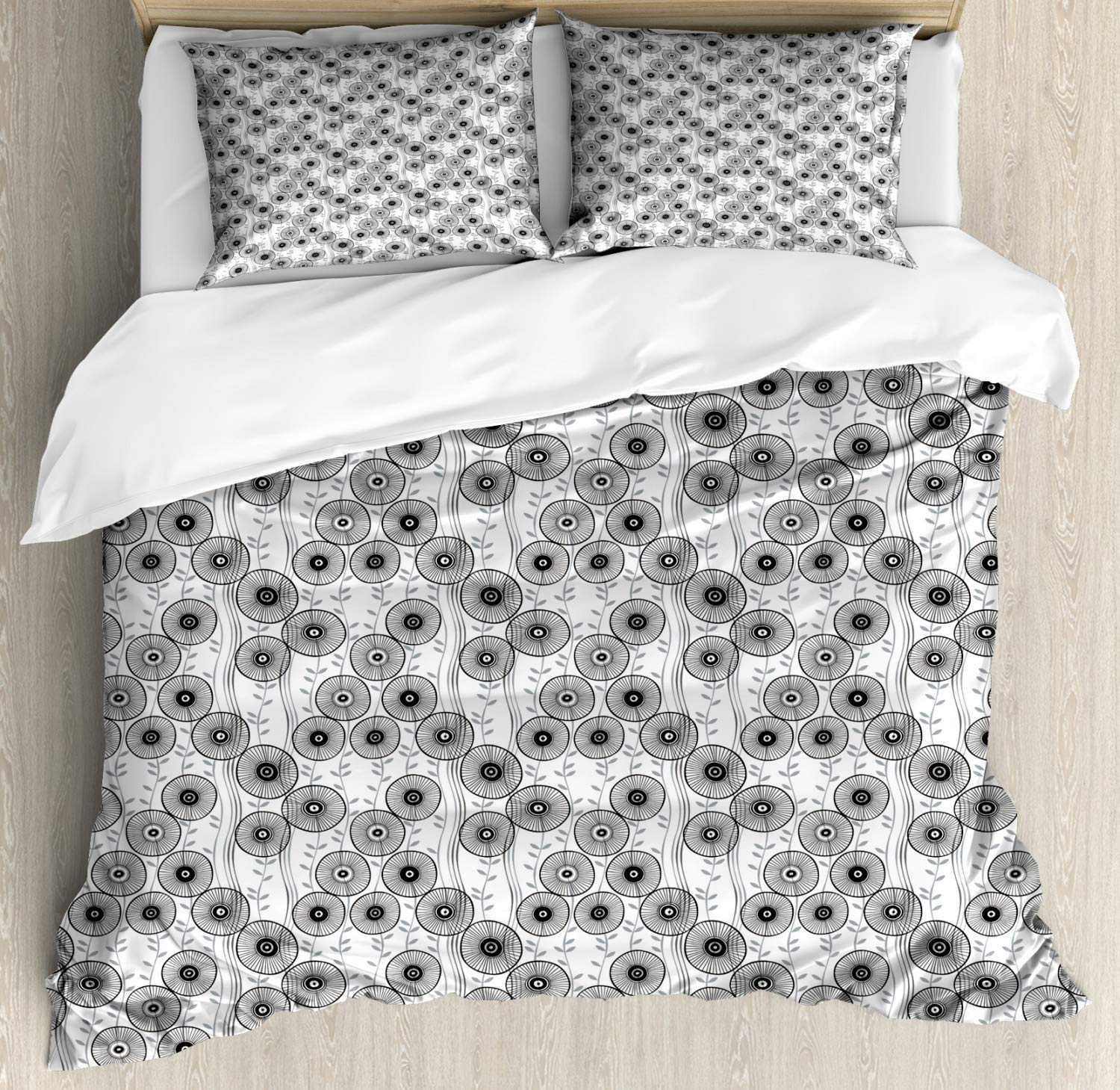 Ambesonne Abstract Duvet Cover Set - Simplistic Wagon Wheel Design on Twiggy Lines with Leaves, 3 Piece Bedding Set with 2 Pillow Shams, Queen Size, Dark Taupe Grey - Perfect for Modern Bedroom Decor & Guest Room Styling