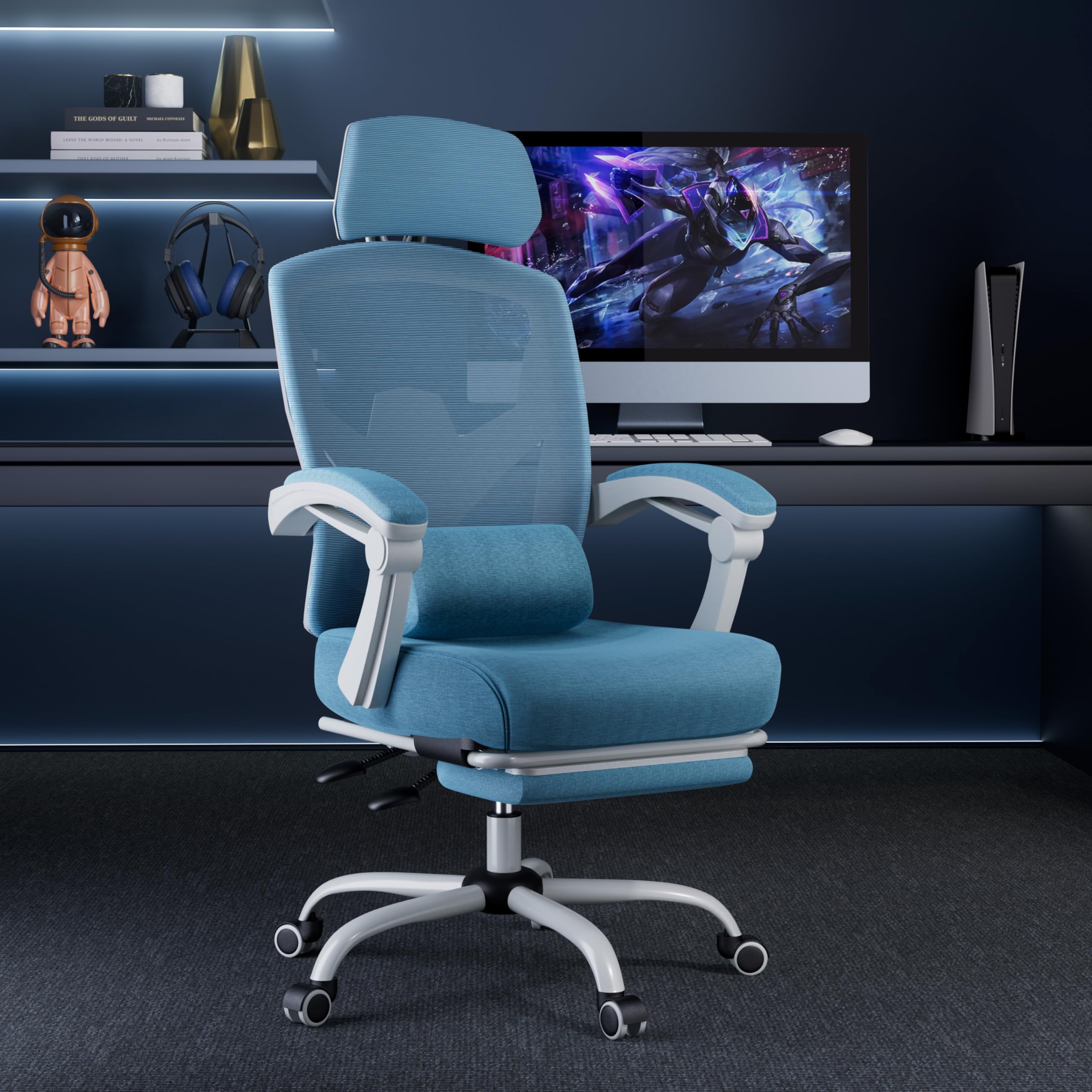 DUMOS Ergonomic Mesh Office Chair with Adjustable Footrest - High Back Swivel Rolling Recliner with Wheels, Headrest & Lumbar Support - Comfortable Armchair for Home Office, Gaming & Study (Blue) - Perfect for Long Work Sessions & Relaxation