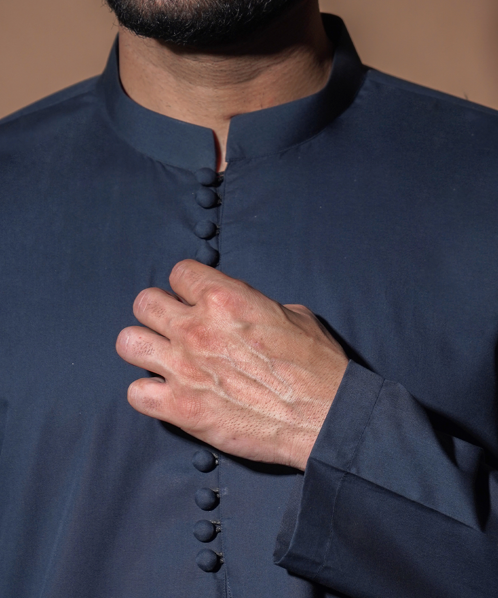 **Navy Blue Kurta Pants Set with Pearl Loop Buttons – Traditional Indian Outfit for Festivals & Weddings**