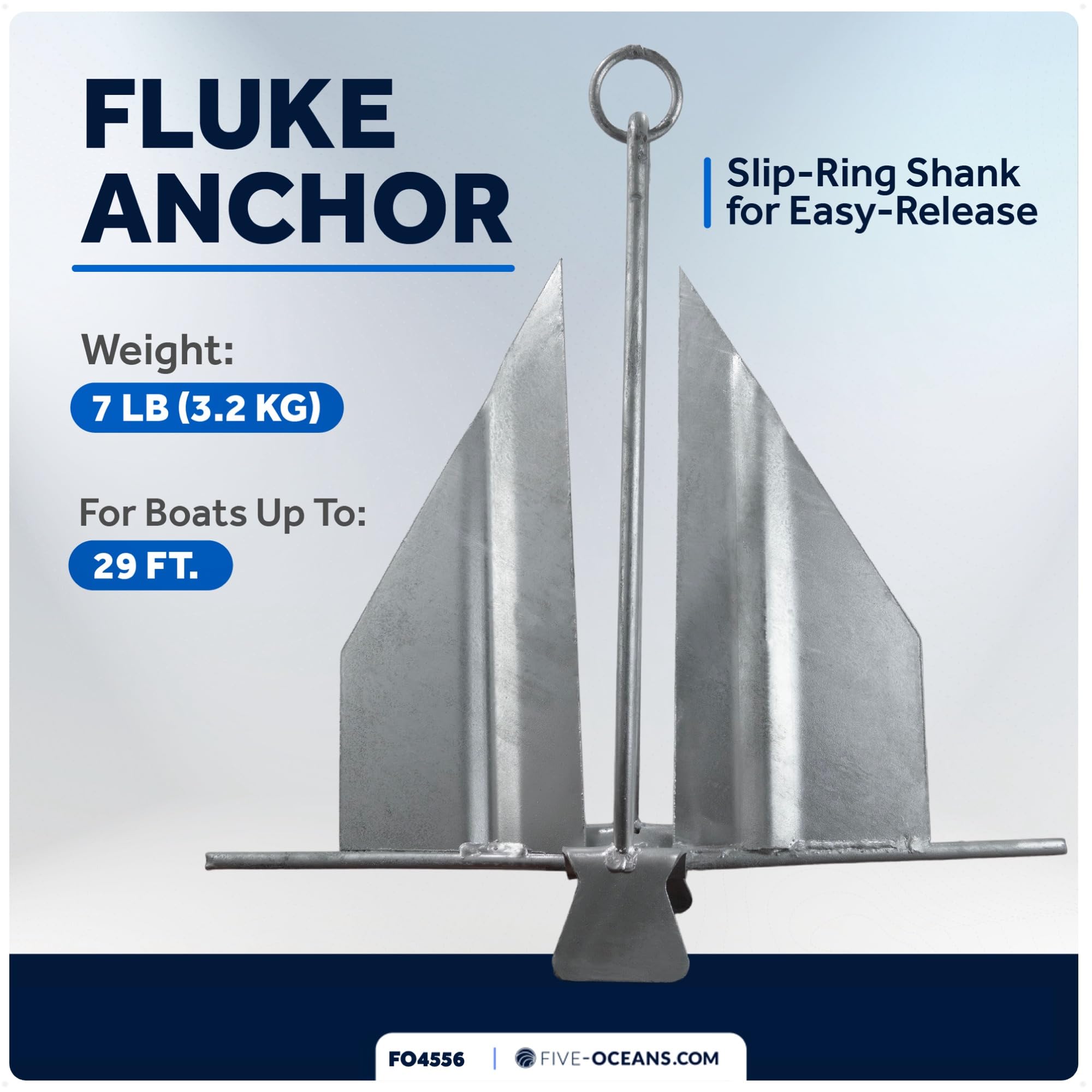 Five Oceans Heavy-Duty Galvanized Steel Fluke Boat Anchor with Slip Ring - Perfect for Kayaks, Dinghies, Paddleboards, Canoes & Personal Watercraft (Multiple Sizes Available) - Ideal for Fishing, Boating & Water Sports Adventures