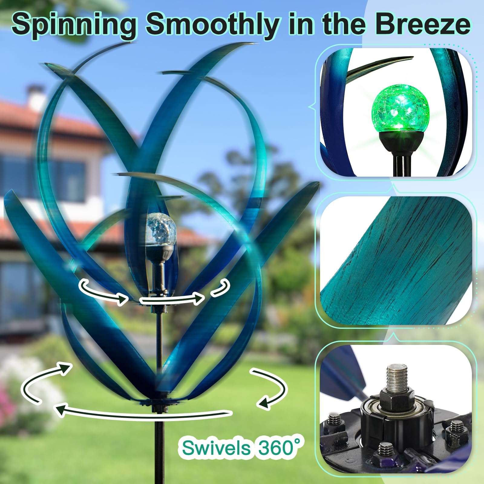 82'' Solar-Powered Metal Wind Spinner - Peacock Blue Outdoor Yard Art for Garden, Lawn & Patio Decor | Weather-Resistant Wind Sculpture with LED Lights | Unique Gift for Family & Friends | Perfect for Backyard, Front Yard & Outdoor Parties