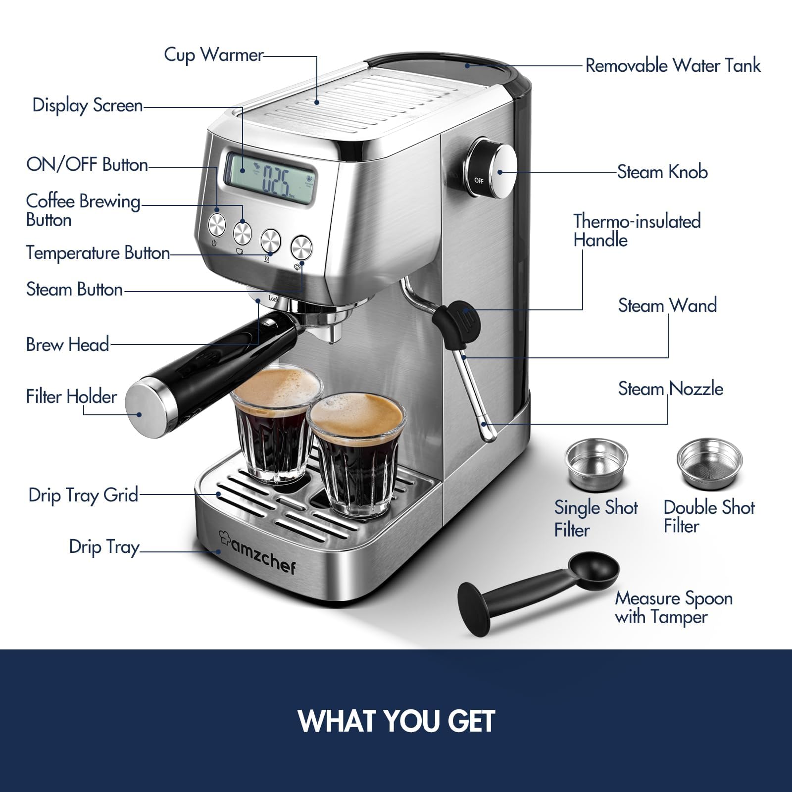 AMZCHEF 20 Bar Espresso Machine with Milk Frother & LCD Display - Adjustable Temperature Compact Coffee Maker for Home, Office, Gifts - Perfect for Morning Brews, Entertaining Guests, and Coffee Lovers