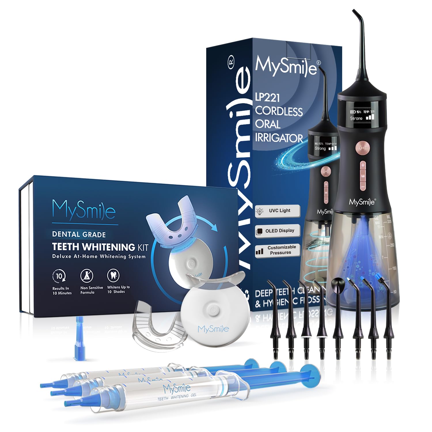 MySmile Teeth Whitening Kit with LED Light & Cordless Water Flosser Combo - Professional Dental Care for Brighter Smile at Home, Travel, and Office Use