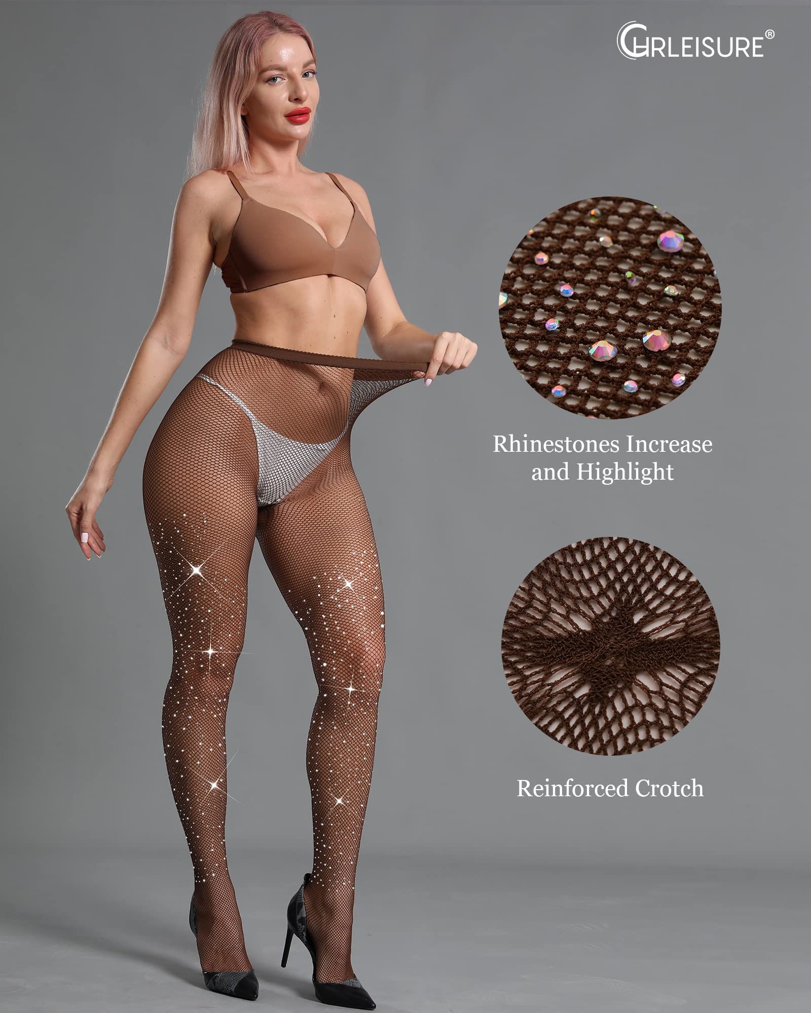 CHRLEISURE Women's Sparkle Rhinestone Fishnet Stockings - Sexy Glitter Party Tights for Concerts, Halloween, Cosplay & Nightclub Outfits