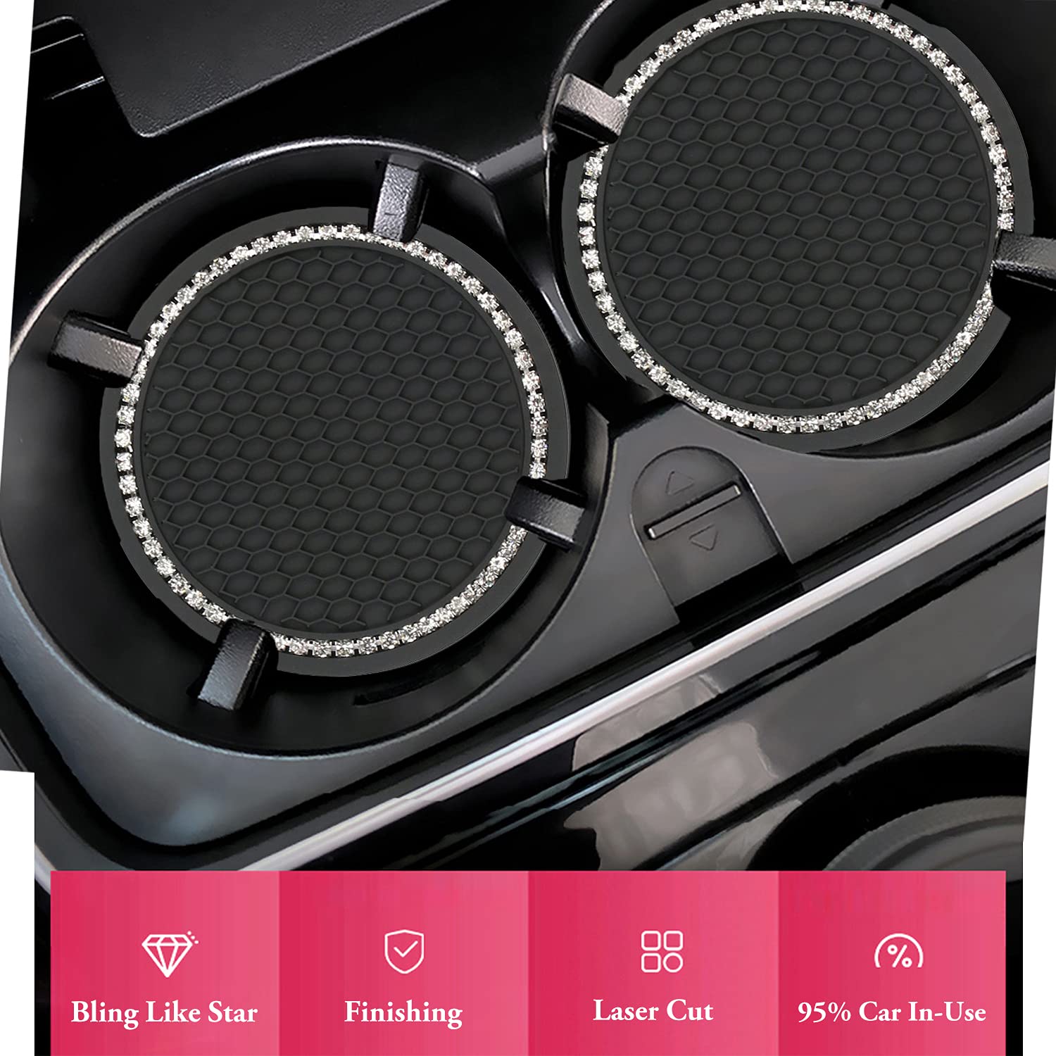 JEMAATX 2 Pack Bling Car Cup Coasters with Holder - Anti Slip Crystal Cup Mats for Women, 2.75 Inch Diameter, Black (JMT-4789) - Perfect for Car Interior Accessories & Drink Protection