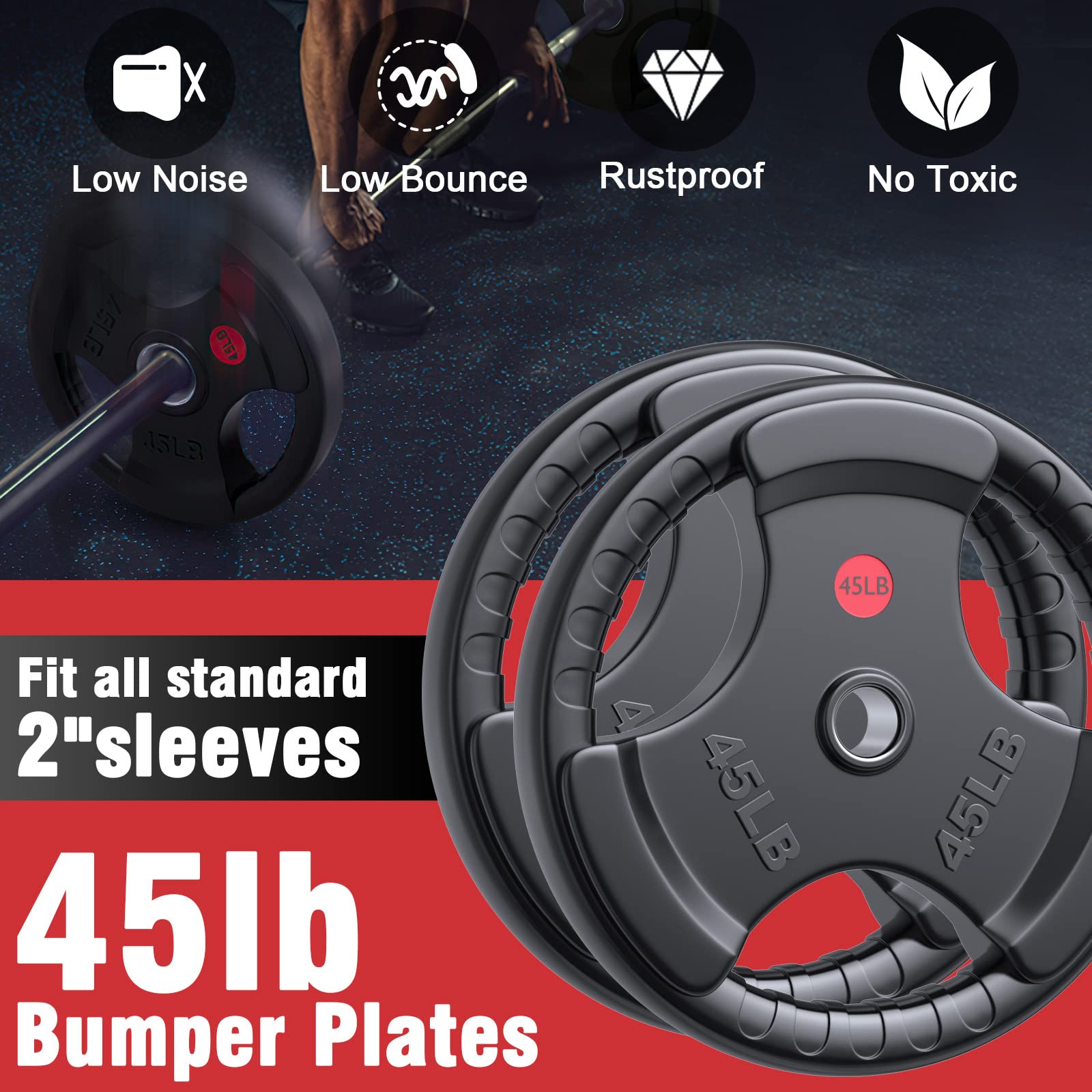 GIKPAL Olympic Rubber Grip Weight Plates Set - 2-Inch Hole Solid Cast Iron Core for Home Gym Strength Training (10lb-45lb) | Perfect for Weightlifting, CrossFit & Powerlifting Workouts