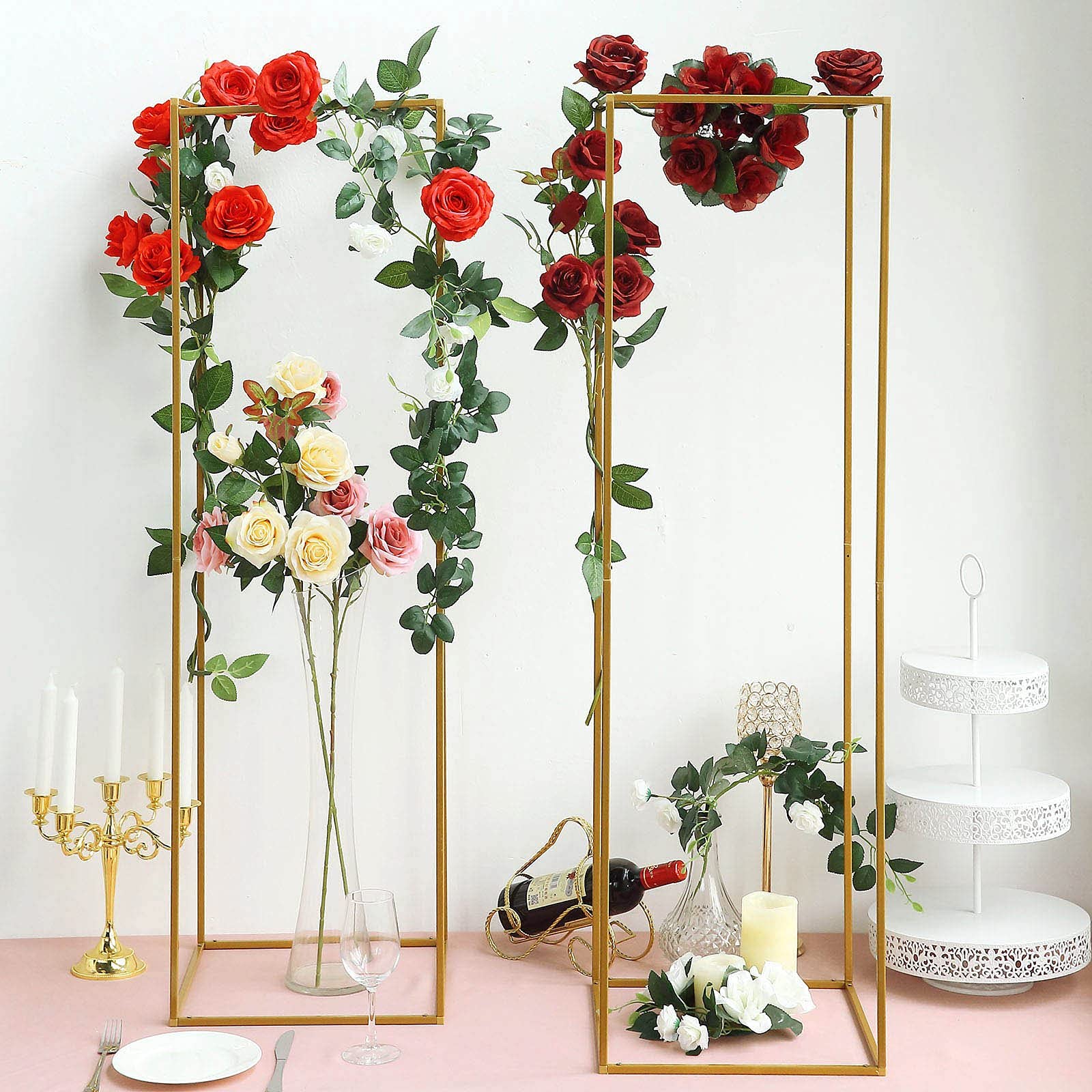 2-Pack Gold Wedding Flower Stand - 48 Inch Metal Vase Column Stand with Geometric Design for Floral Arrangements - Elegant Floor Vase & Rectangle Centerpiece for Weddings, Parties, Home Decor and Events