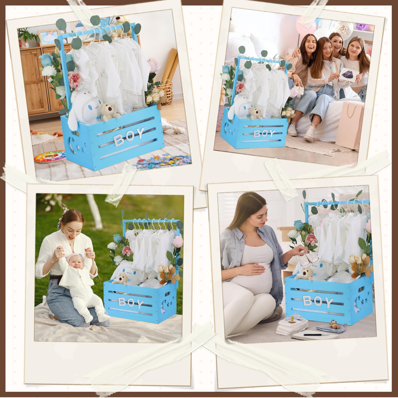 Wooden Baby Shower Gift Crate - Storage Box with Handle, Rack Hangers & Garland - Perfect for Newborn Gifts, Toy Organization & Nursery Decor - Ideal for Baby Showers, Welcome Parties & Parent Celebrations (Blue)