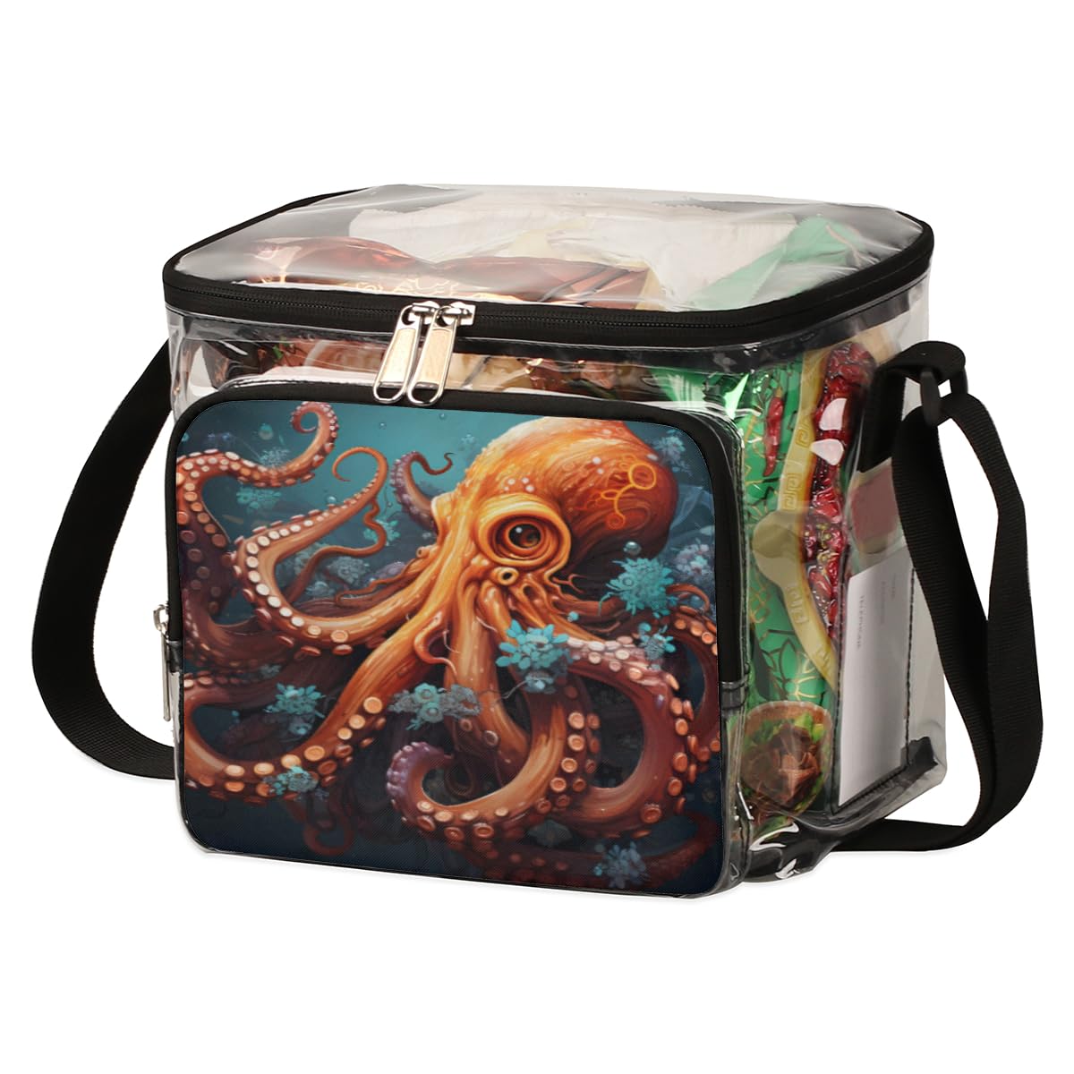GzLeyigou Orange Octopus Transparent Tote Bag with Handles - Clear Crossbody Shoulder Bag for Lunch, Outdoor Activities, Travel, Picnics, Concerts & Sports Events | Stadium Approved Multipurpose Purse - Perfect for Beach Days, Music Festivals and Theme Park Adventures