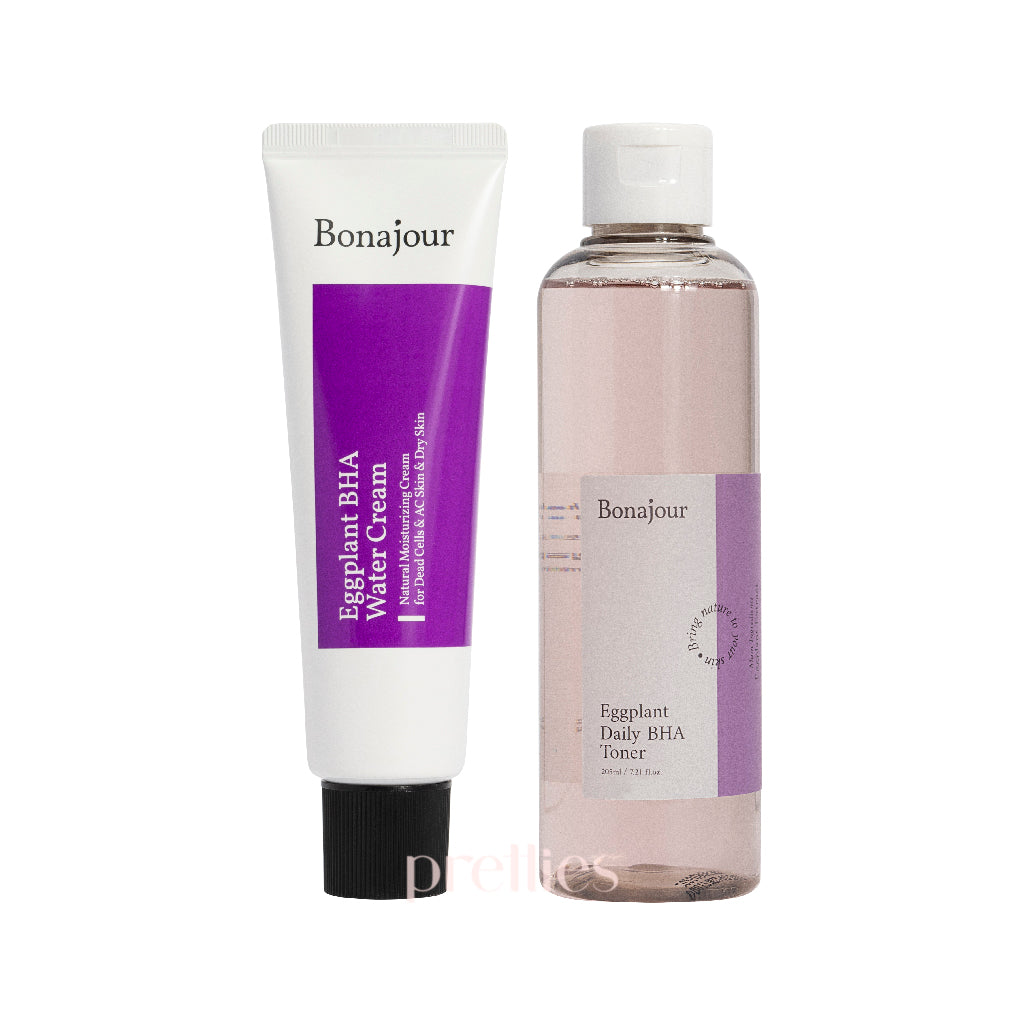 Bonajour Eggplant BHA Water Cream & Toner Set for Acne-Prone Skin - Korean Skincare Duo for Oily & Combination Skin Types | Perfect for Daily Hydration & Pore Care Routine