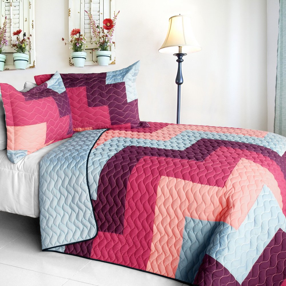 Dream Garden Vermicelli-Quilted Patchwork Quilt Set Full/Queen Size - Cozy Bedding for Master Bedroom & Guest Room
