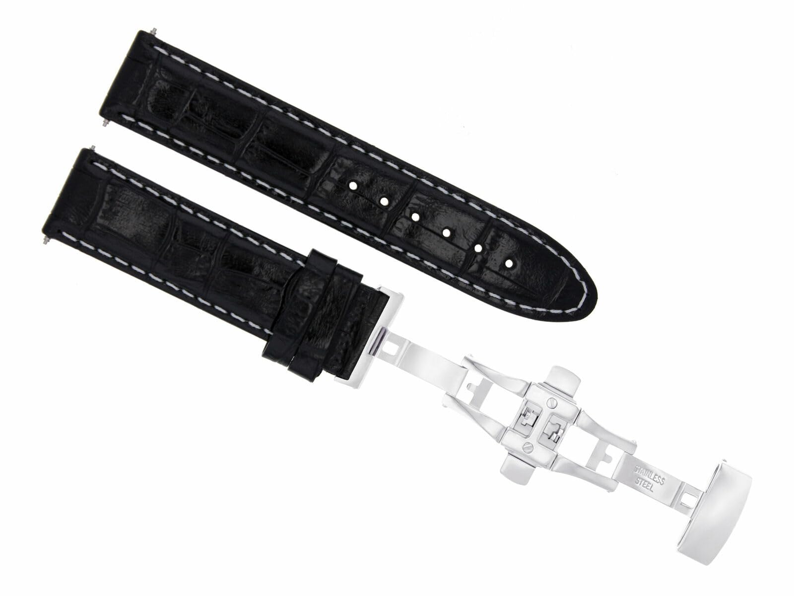 Premium 19mm Genuine Leather Watch Band Strap with Clasp - Compatible with Montblanc Watches (Black with White Stitching) | Replacement Watch Strap for Business, Formal & Everyday Wear