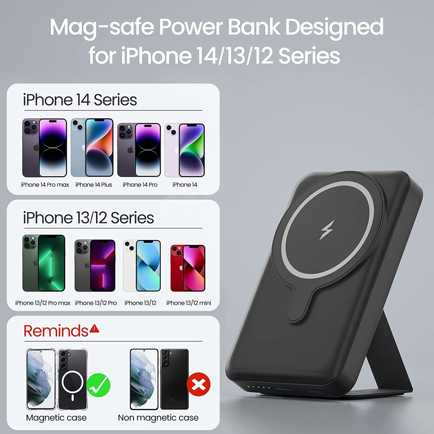 10000mAh Magnetic Wireless Portable Charger - 15W Fast Charging Power Bank with Foldable Stand | PD 22W USB-C | Compatible with iPhone 16/15/14/13/12 Pro Max/Plus/Mini | Perfect for Travel, Office & Home Use - Black